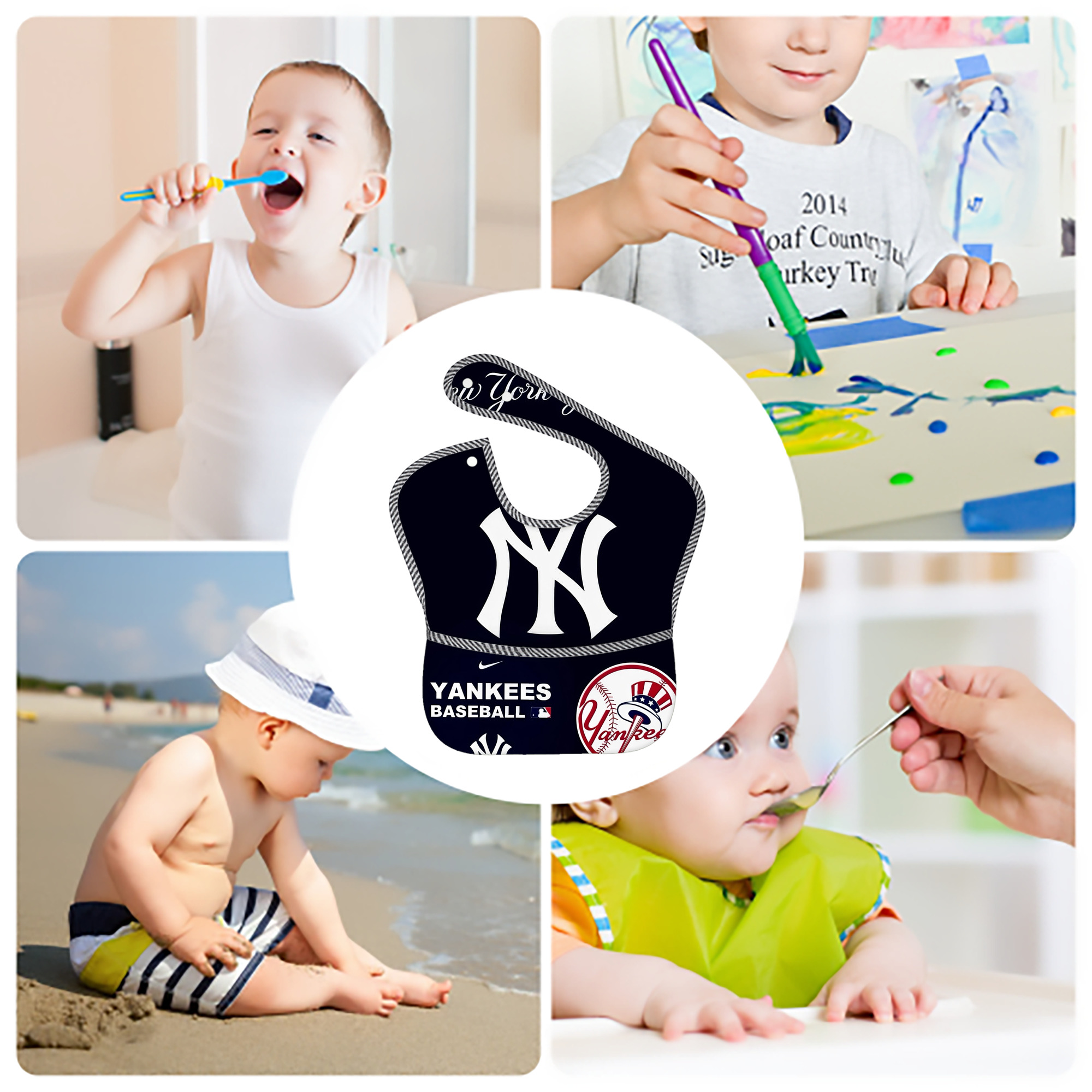 New York Yankees 122 Adjustable Waterproof Toddler Bib – Full-Print Durable Polyester – Foldable Crumb Pocket – Easy Snap Closure – Soft