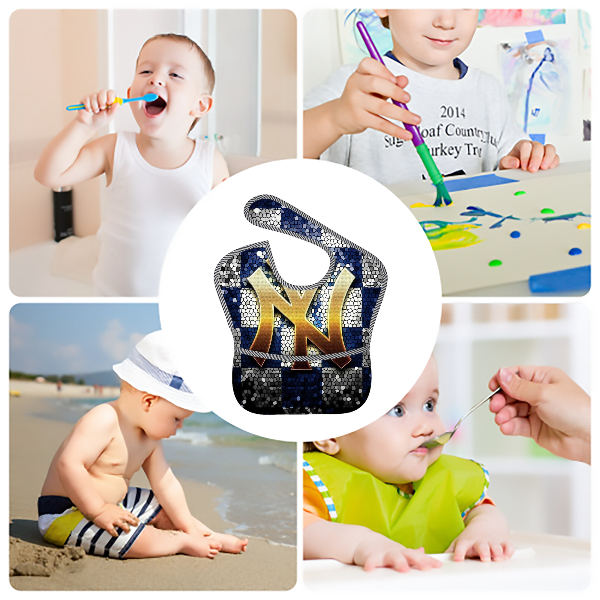 New York Yankees 129 Adjustable Waterproof Toddler Bib – Full-Print Durable Polyester – Foldable Crumb Pocket – Easy Snap Closure – Soft