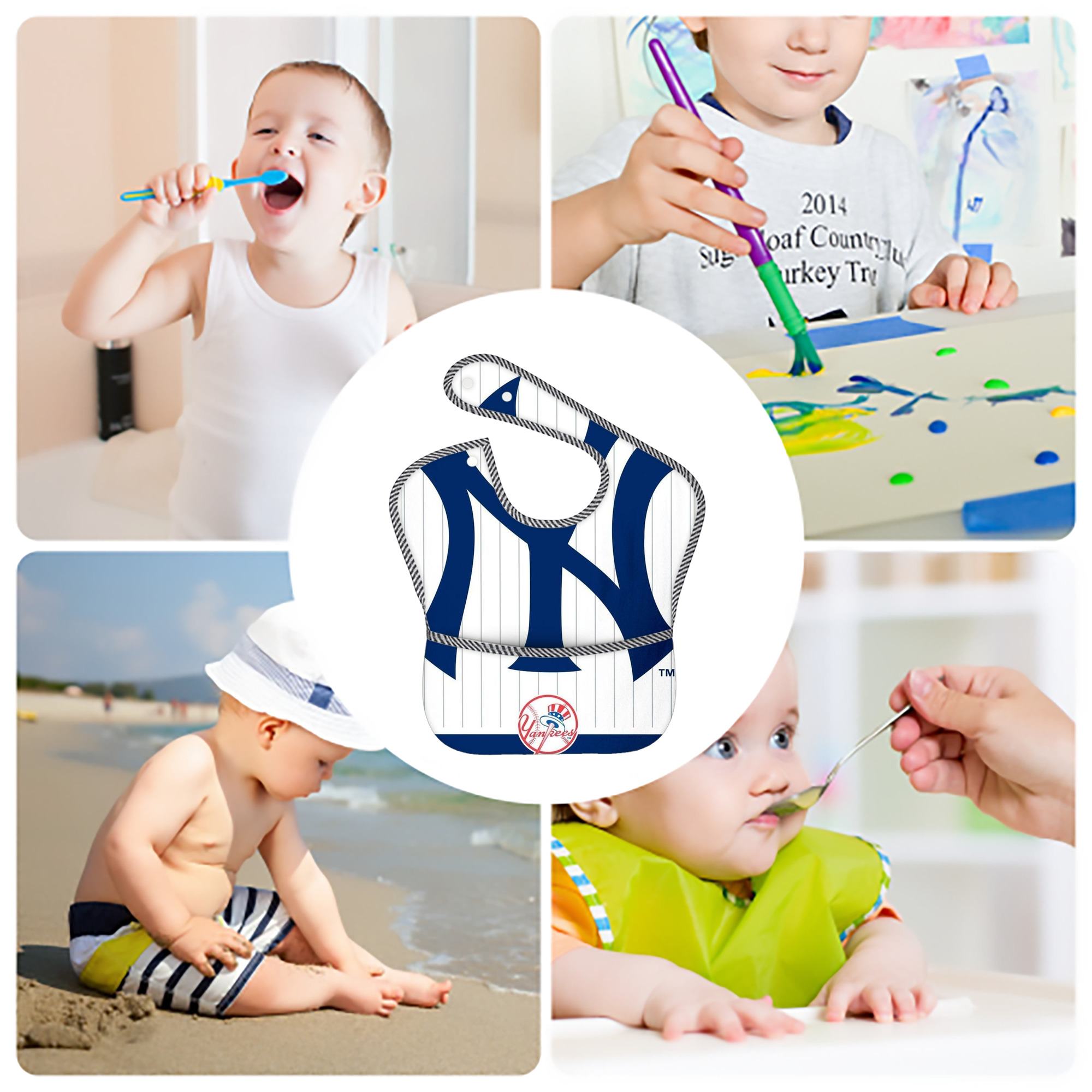 New York Yankees 130 Adjustable Waterproof Toddler Bib – Full-Print Durable Polyester – Foldable Crumb Pocket – Easy Snap Closure – Soft