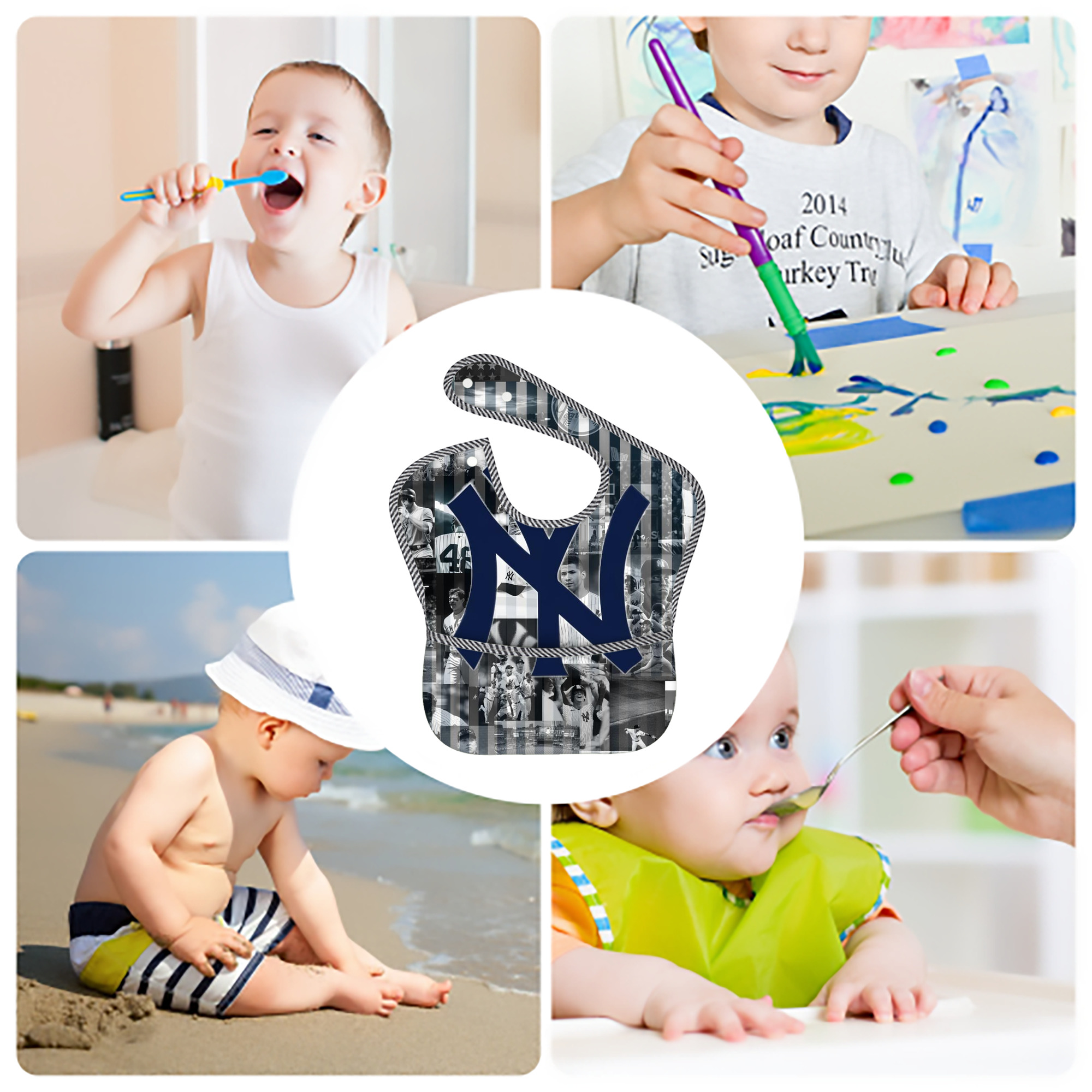 New York Yankees 135 Adjustable Waterproof Toddler Bib – Full-Print Durable Polyester – Foldable Crumb Pocket – Easy Snap Closure – Soft