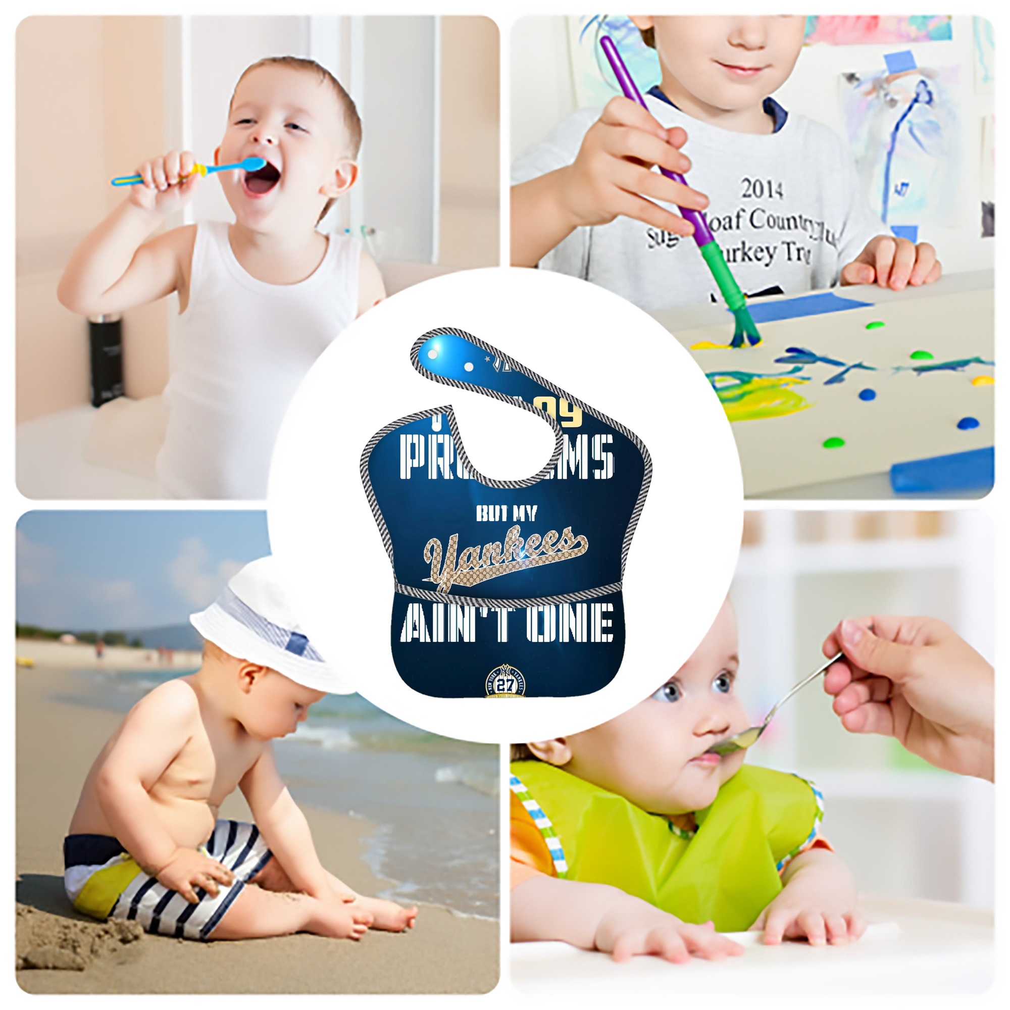 New York Yankees 140 Adjustable Waterproof Toddler Bib – Full-Print Durable Polyester – Foldable Crumb Pocket – Easy Snap Closure – Soft