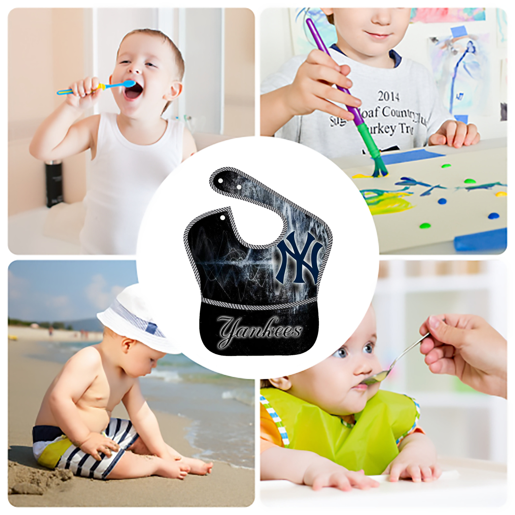 New York Yankees 146 Adjustable Waterproof Toddler Bib – Full-Print Durable Polyester – Foldable Crumb Pocket – Easy Snap Closure – Soft