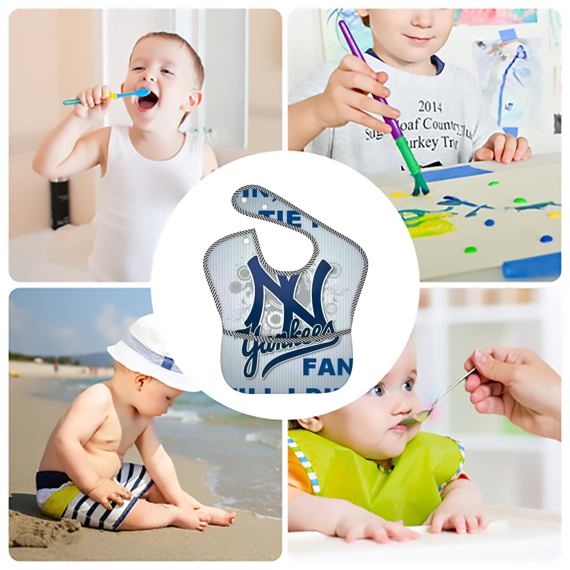 New York Yankees 100 Adjustable Waterproof Toddler Bib – Full-Print Durable Polyester – Foldable Crumb Pocket – Easy Snap Closure – Soft