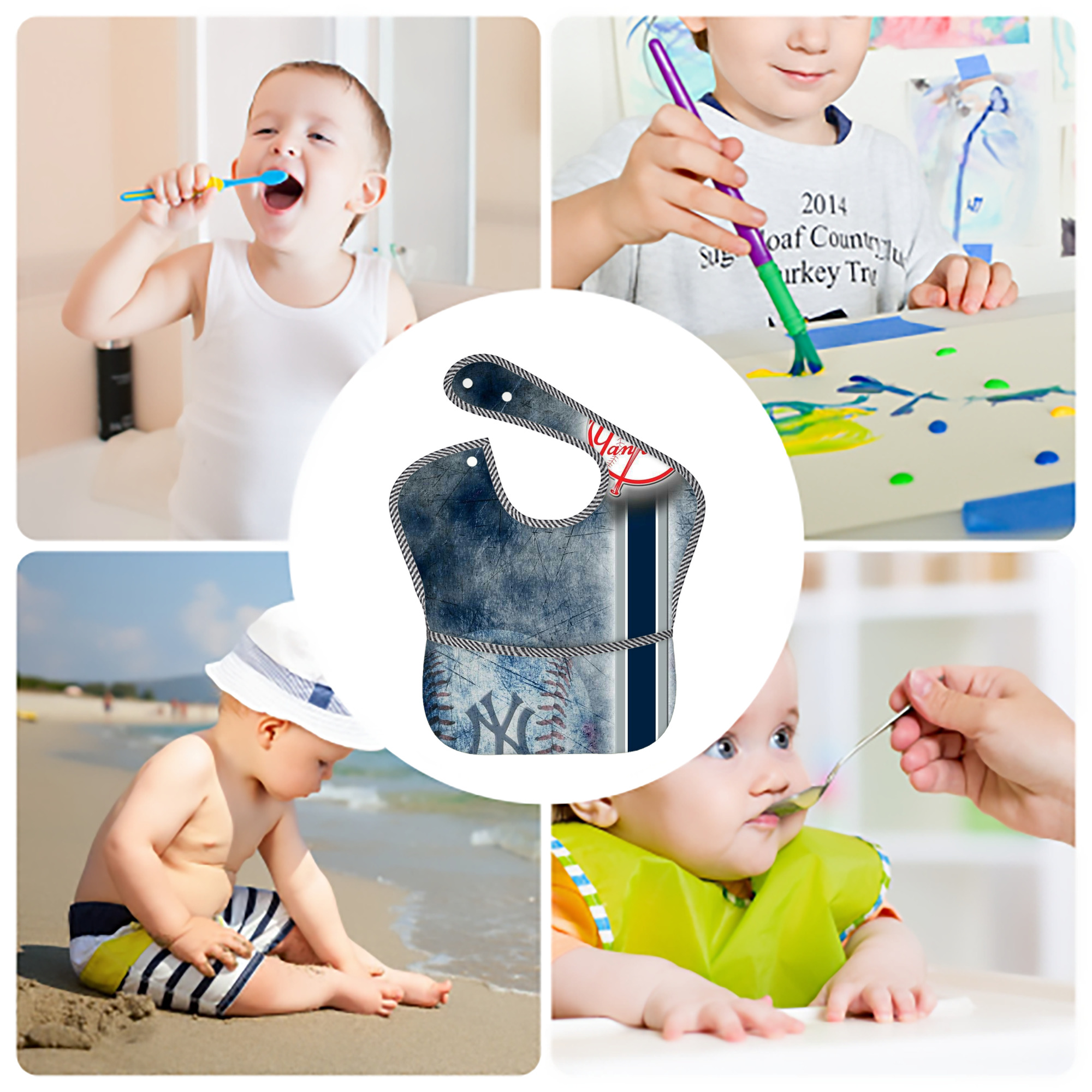 New York Yankees 150 Adjustable Waterproof Toddler Bib – Full-Print Durable Polyester – Foldable Crumb Pocket – Easy Snap Closure – Soft