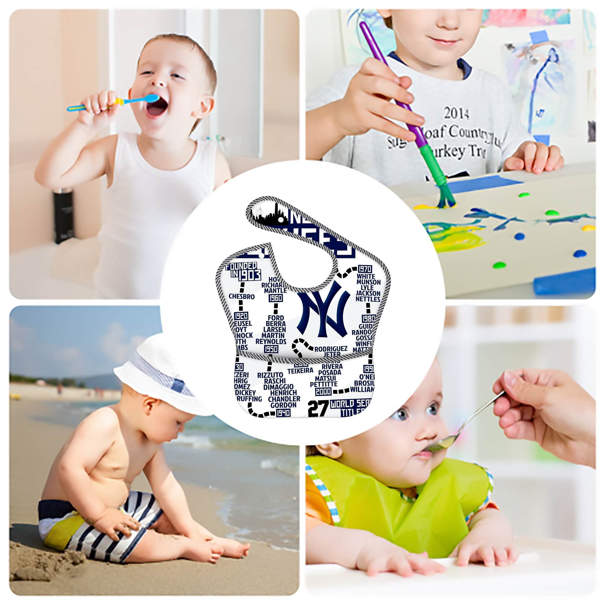 New York Yankees 155 Adjustable Waterproof Toddler Bib – Full-Print Durable Polyester – Foldable Crumb Pocket – Easy Snap Closure – Soft