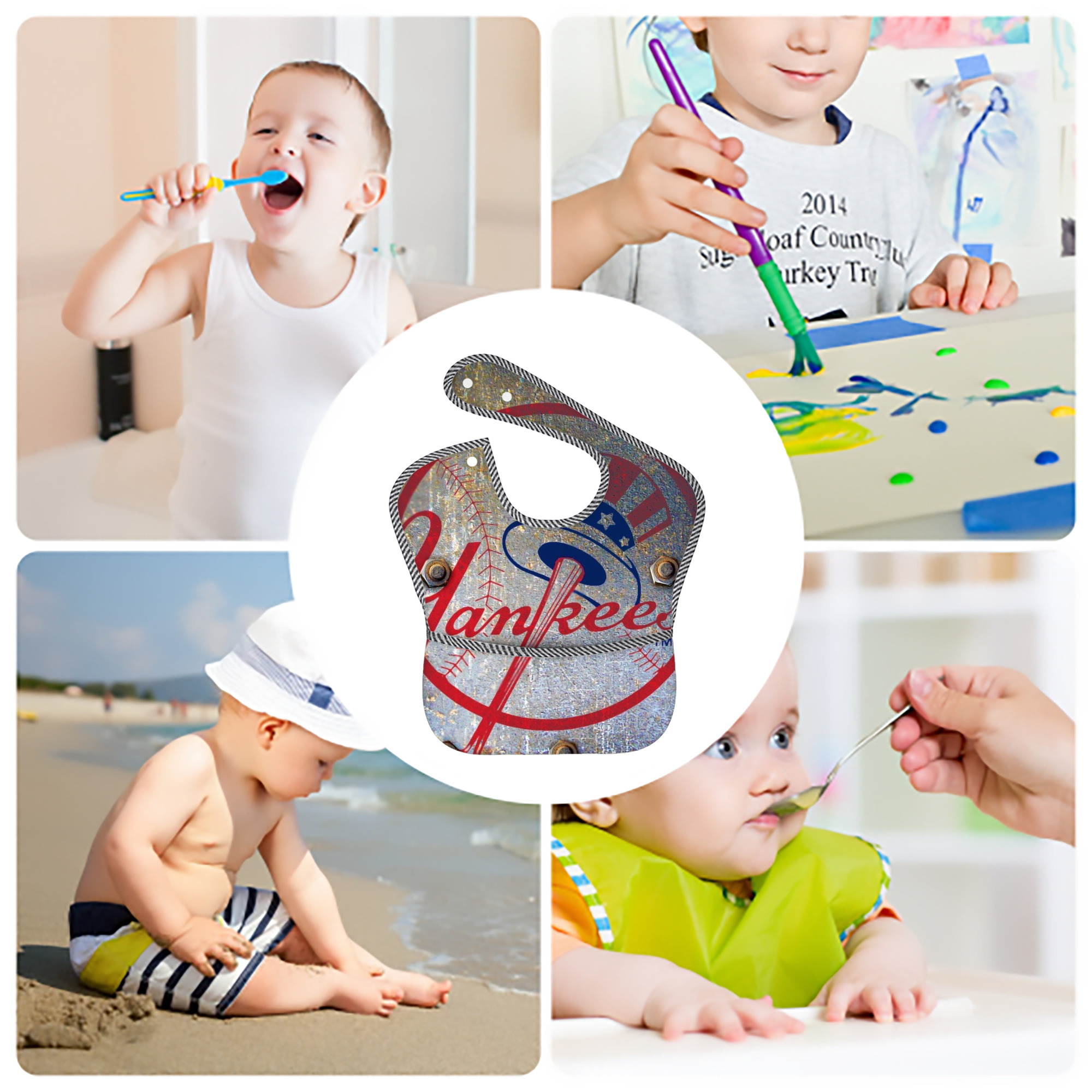 New York Yankees 112 Adjustable Waterproof Toddler Bib – Full-Print Durable Polyester – Foldable Crumb Pocket – Easy Snap Closure – Soft