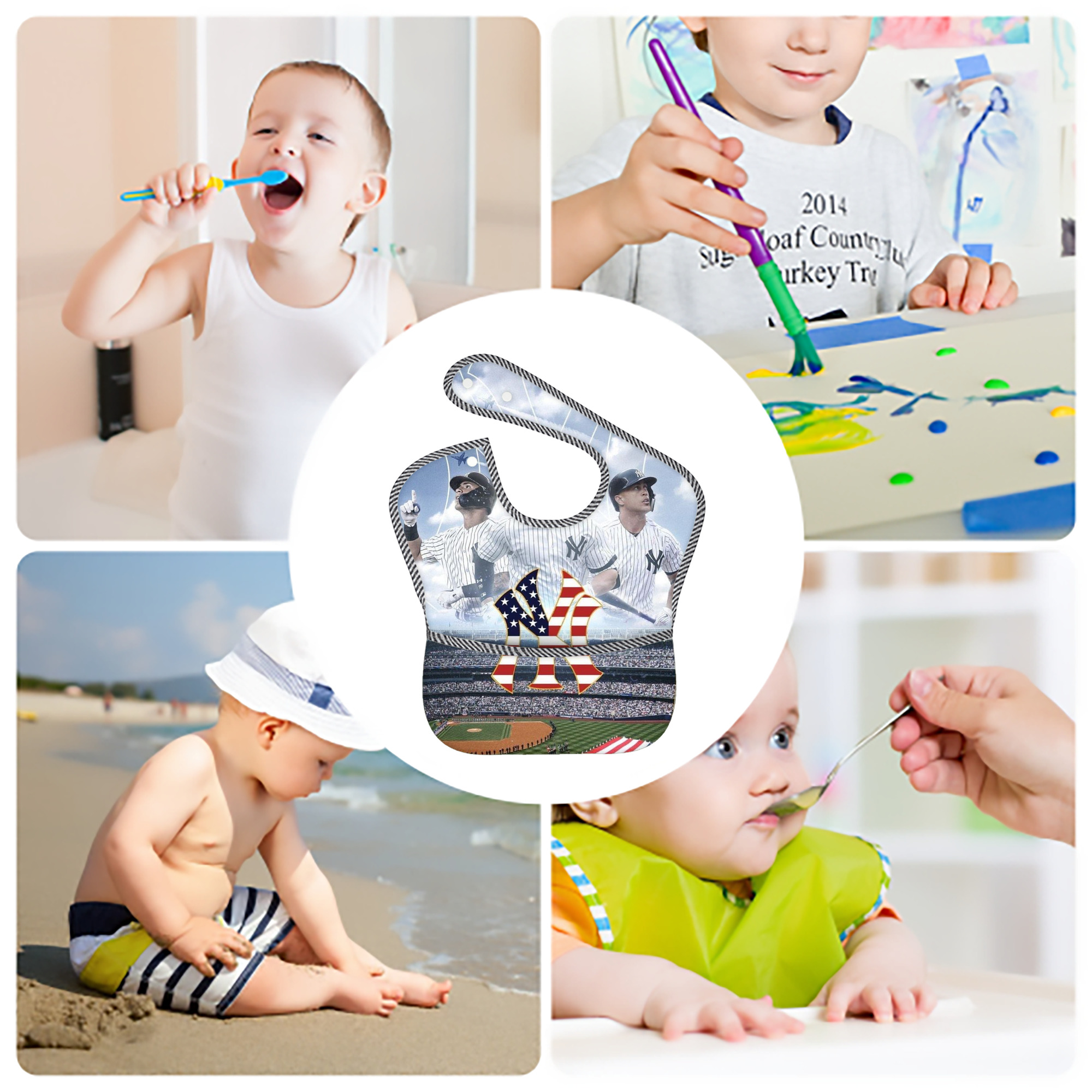 New York Yankees 161 Adjustable Waterproof Toddler Bib – Full-Print Durable Polyester – Foldable Crumb Pocket – Easy Snap Closure – Soft