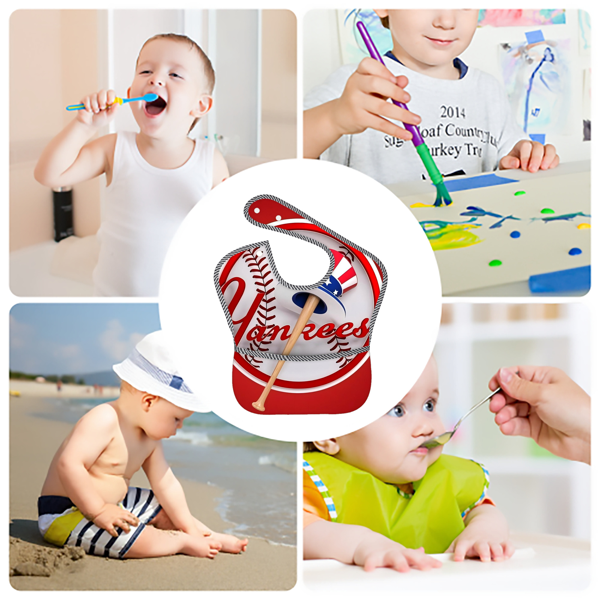 New York Yankees 120 Adjustable Waterproof Toddler Bib – Full-Print Durable Polyester – Foldable Crumb Pocket – Easy Snap Closure – Soft