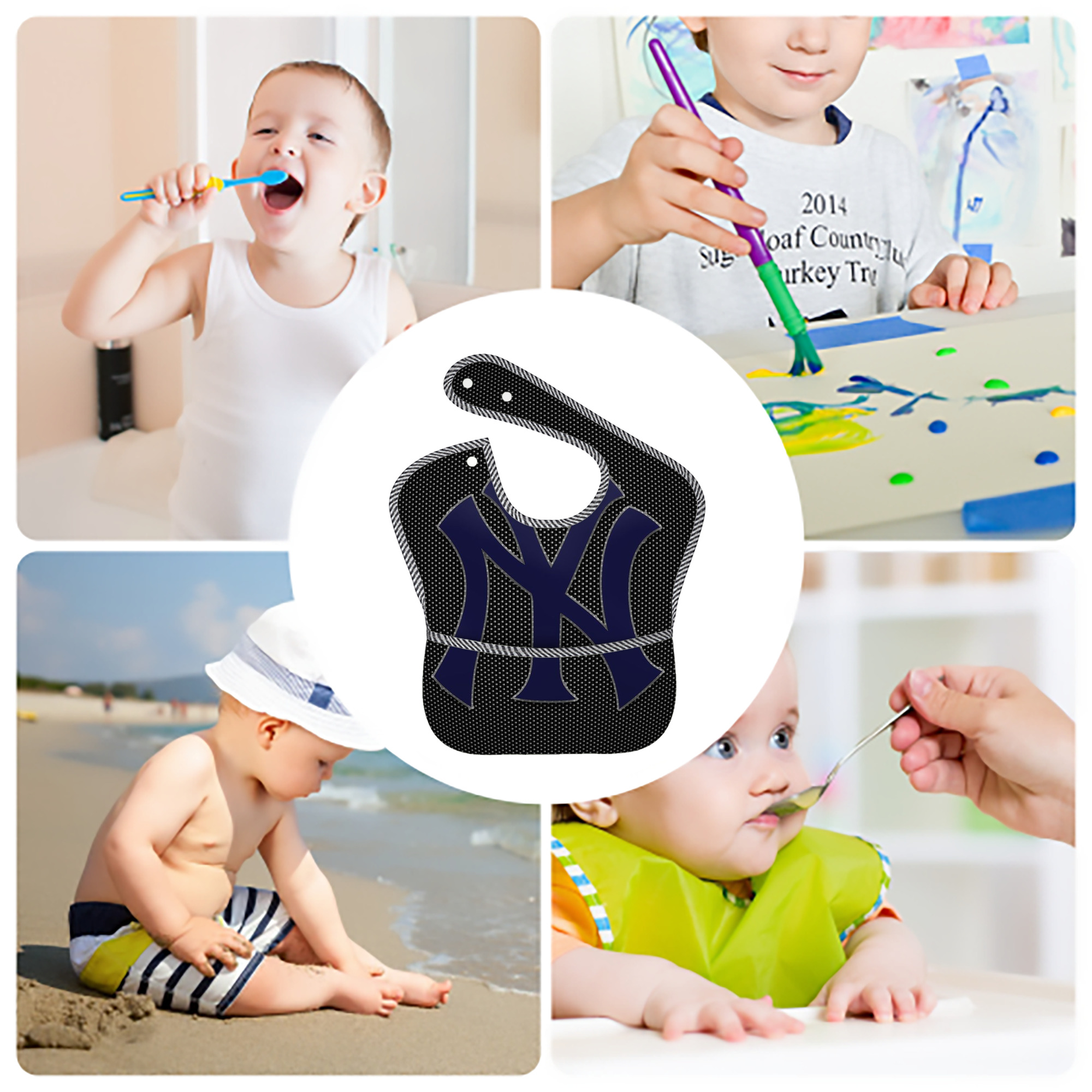 New York Yankees 166 Adjustable Waterproof Toddler Bib – Full-Print Durable Polyester – Foldable Crumb Pocket – Easy Snap Closure – Soft