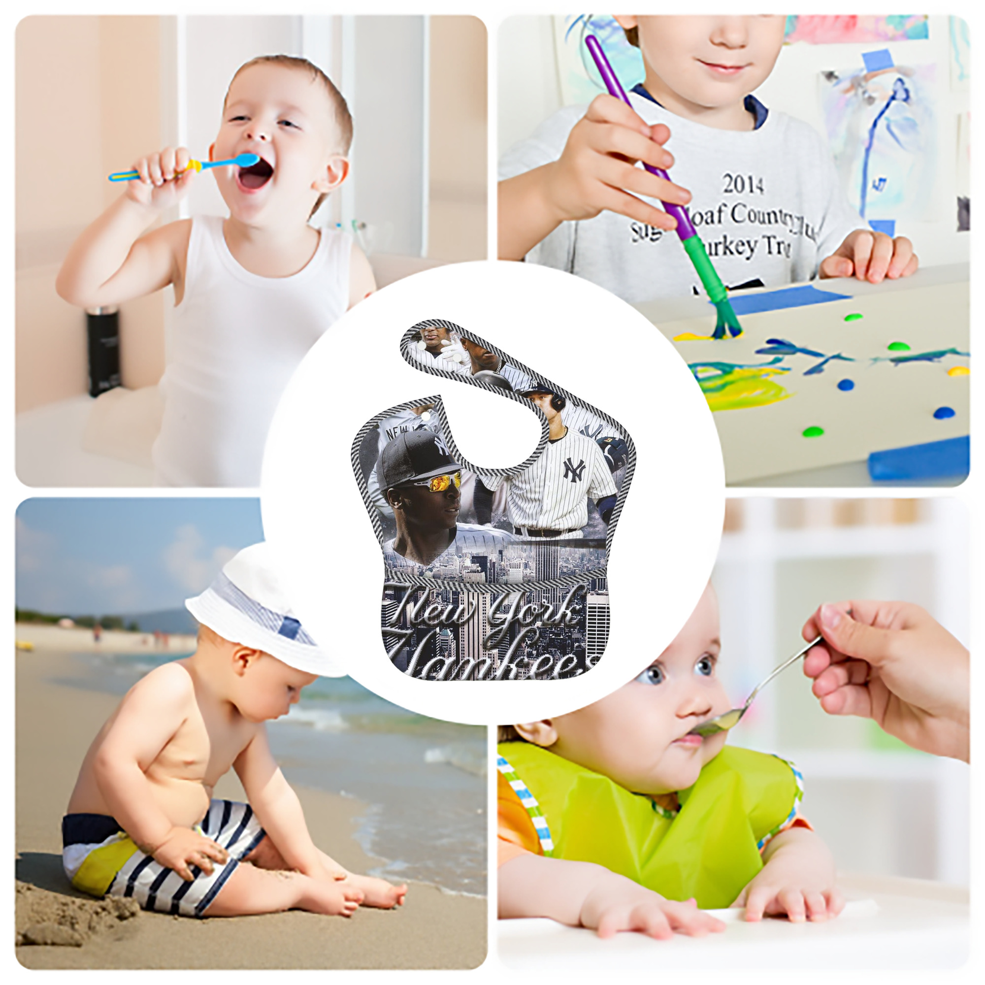 New York Yankees 101 Adjustable Waterproof Toddler Bib – Full-Print Durable Polyester – Foldable Crumb Pocket – Easy Snap Closure – Soft