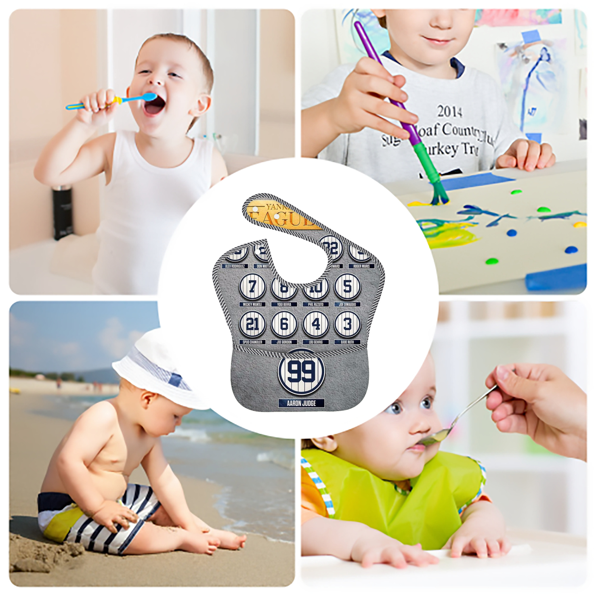 New York Yankees 107 Adjustable Waterproof Toddler Bib – Full-Print Durable Polyester – Foldable Crumb Pocket – Easy Snap Closure – Soft