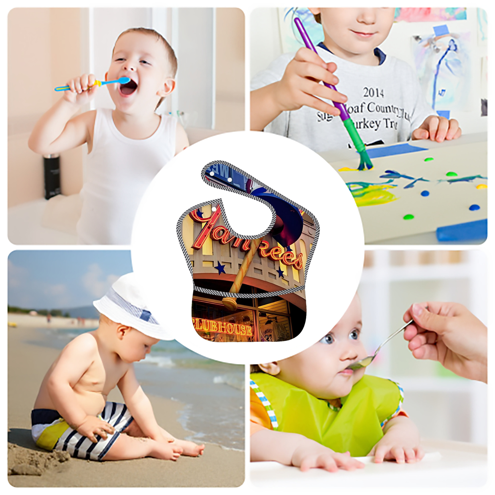 New York Yankees 178 Adjustable Waterproof Toddler Bib – Full-Print Durable Polyester – Foldable Crumb Pocket – Easy Snap Closure – Soft