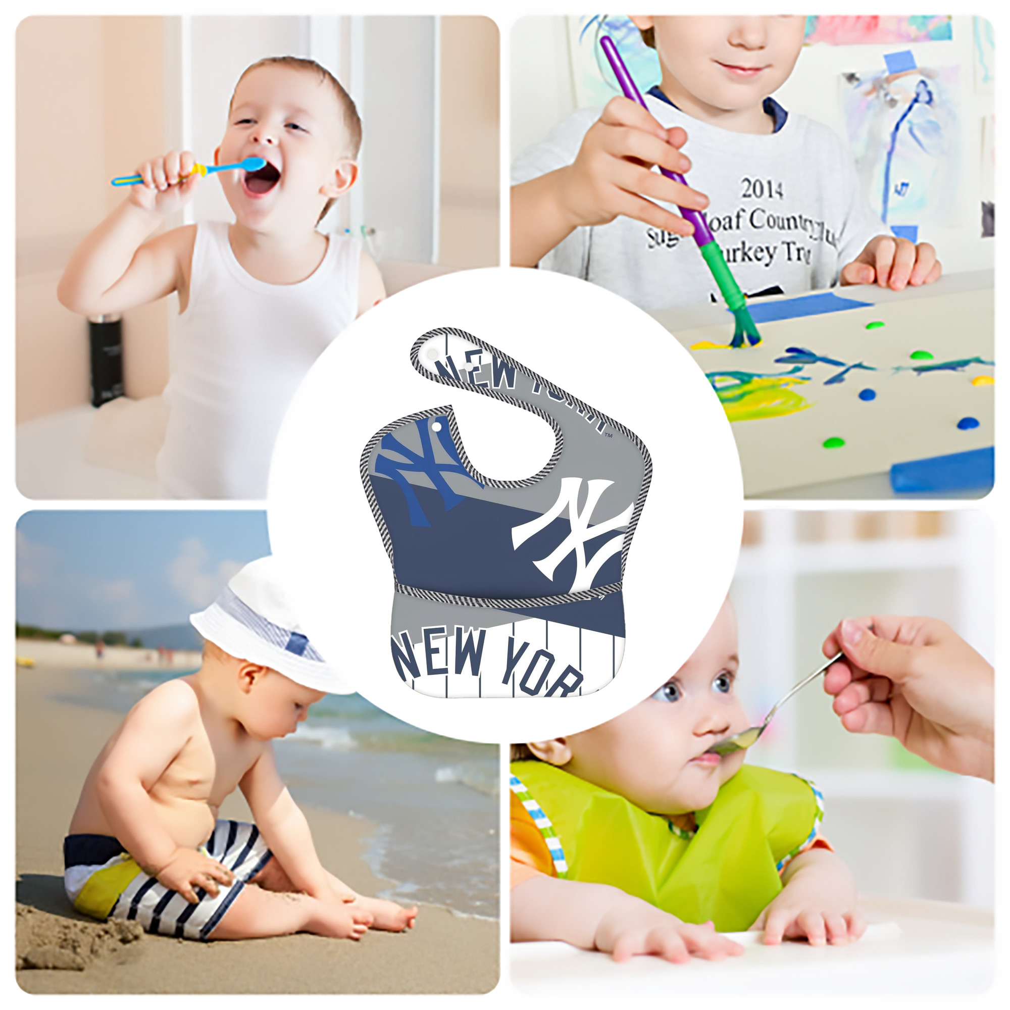 New York Yankees 133 Adjustable Waterproof Toddler Bib – Full-Print Durable Polyester – Foldable Crumb Pocket – Easy Snap Closure – Soft