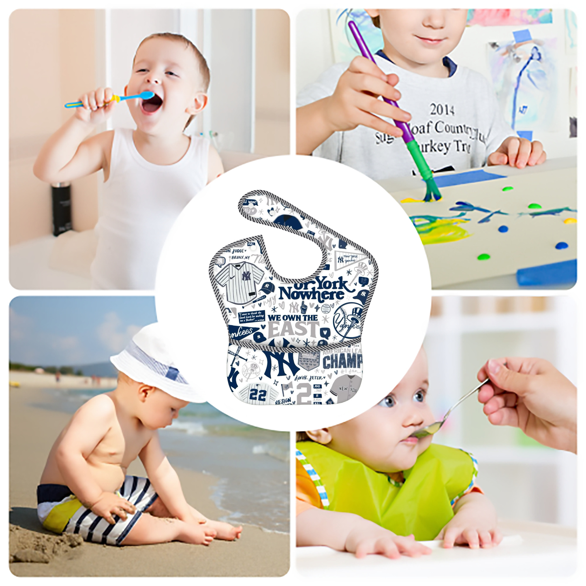 New York Yankees 113 Adjustable Waterproof Toddler Bib – Full-Print Durable Polyester – Foldable Crumb Pocket – Easy Snap Closure – Soft