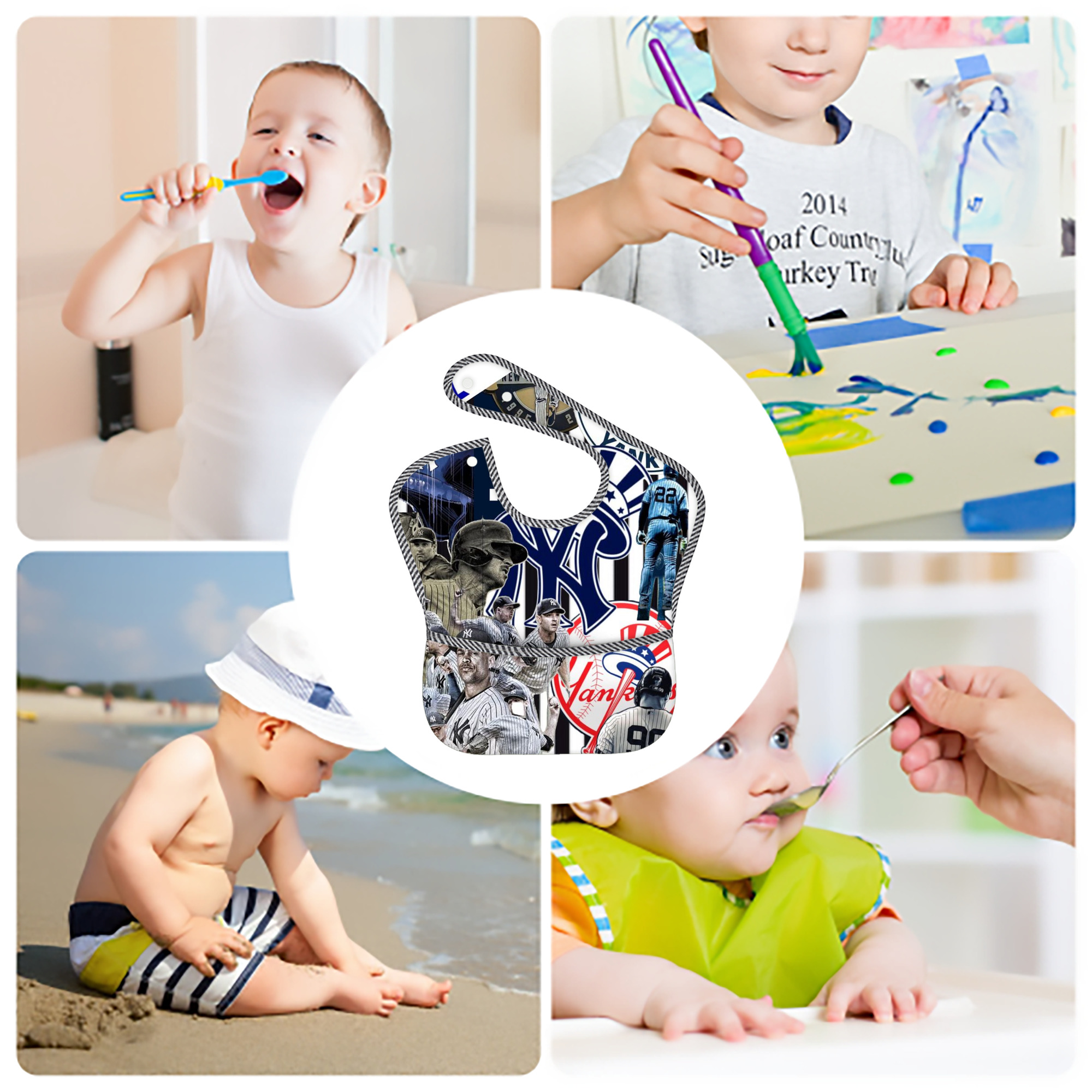 New York Yankees 138 Adjustable Waterproof Toddler Bib – Full-Print Durable Polyester – Foldable Crumb Pocket – Easy Snap Closure – Soft