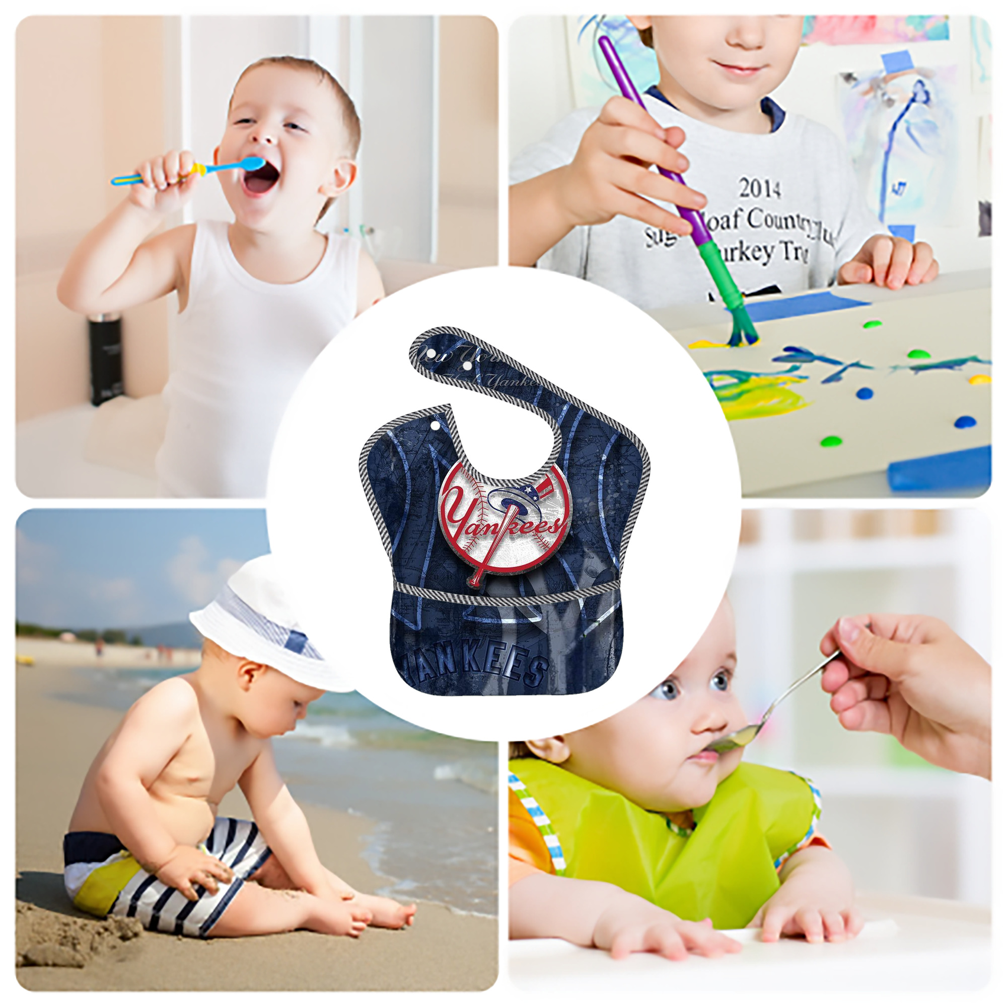 New York Yankees 190 Adjustable Waterproof Toddler Bib – Full-Print Durable Polyester – Foldable Crumb Pocket – Easy Snap Closure – Soft
