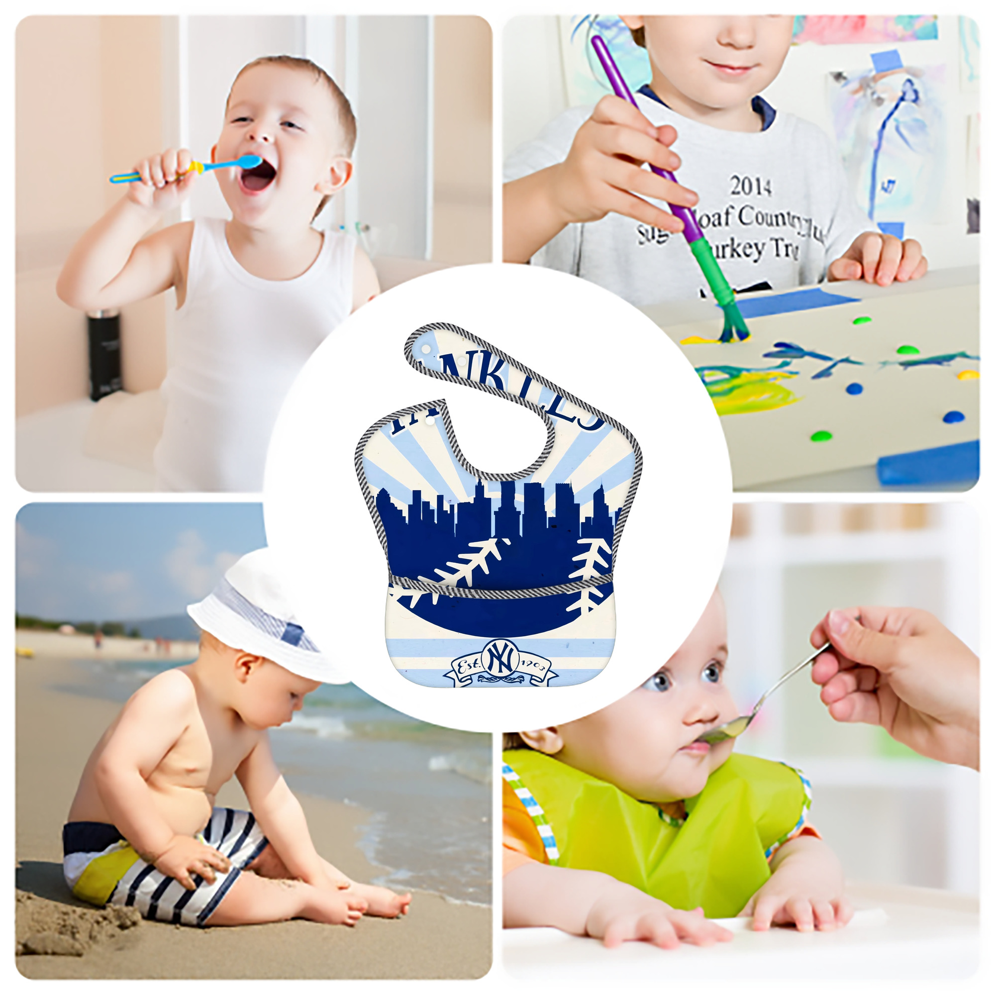 New York Yankees 143 Adjustable Waterproof Toddler Bib – Full-Print Durable Polyester – Foldable Crumb Pocket – Easy Snap Closure – Soft