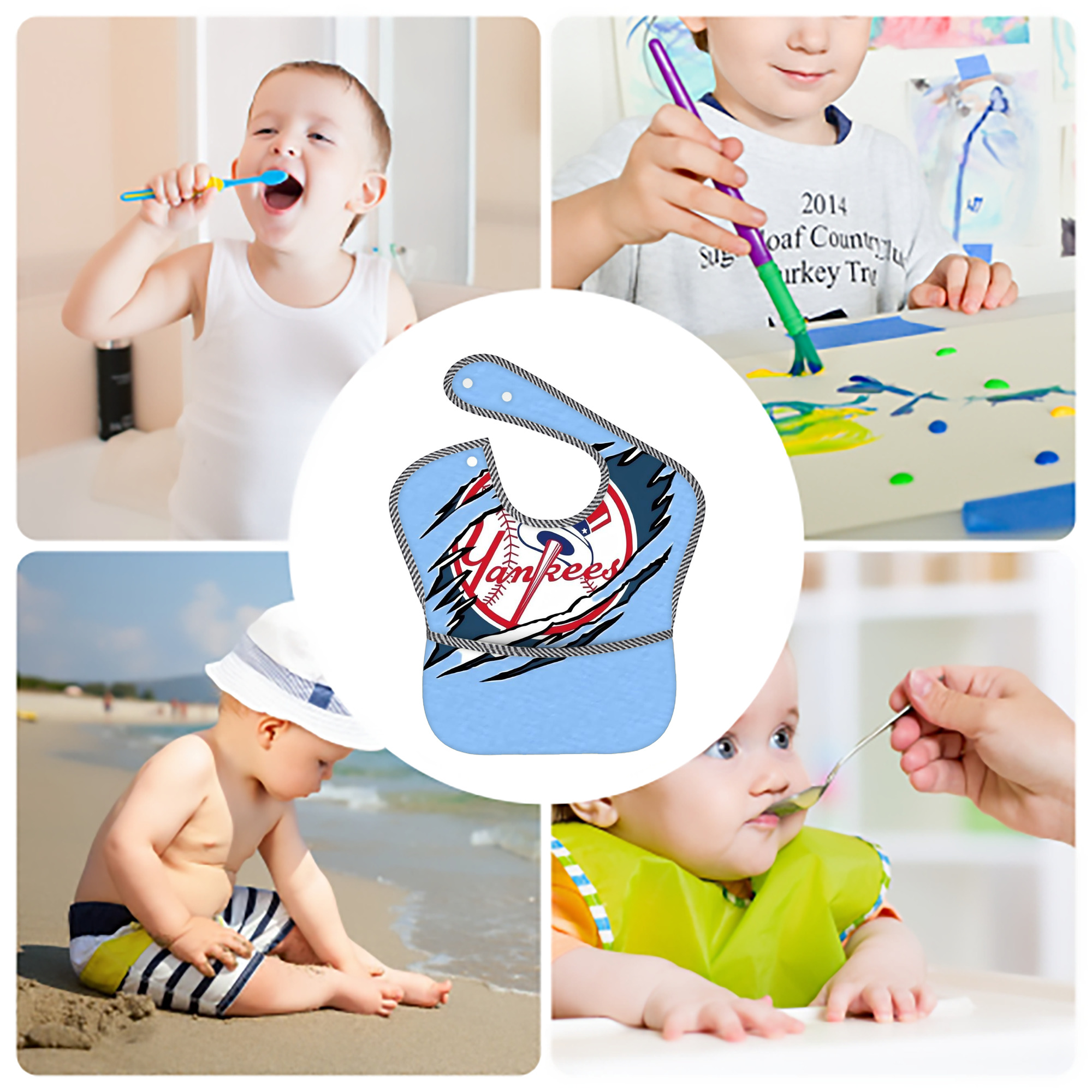 New York Yankees 128 Adjustable Waterproof Toddler Bib – Full-Print Durable Polyester – Foldable Crumb Pocket – Easy Snap Closure – Soft