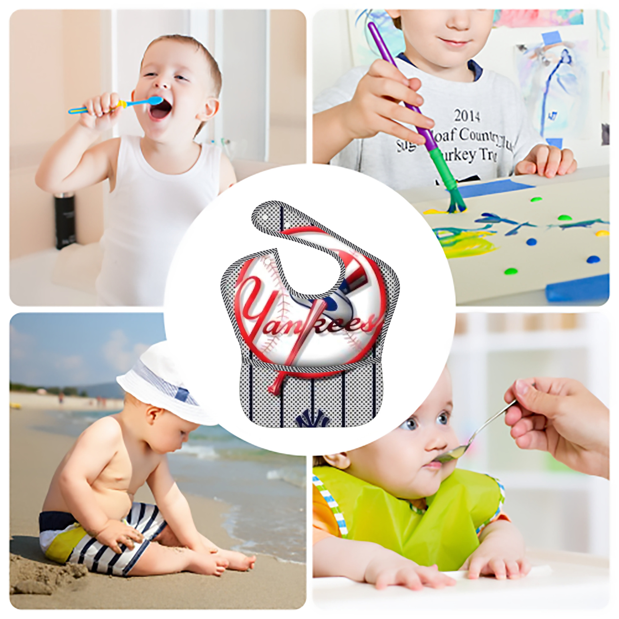 New York Yankees 191 Adjustable Waterproof Toddler Bib – Full-Print Durable Polyester – Foldable Crumb Pocket – Easy Snap Closure – Soft