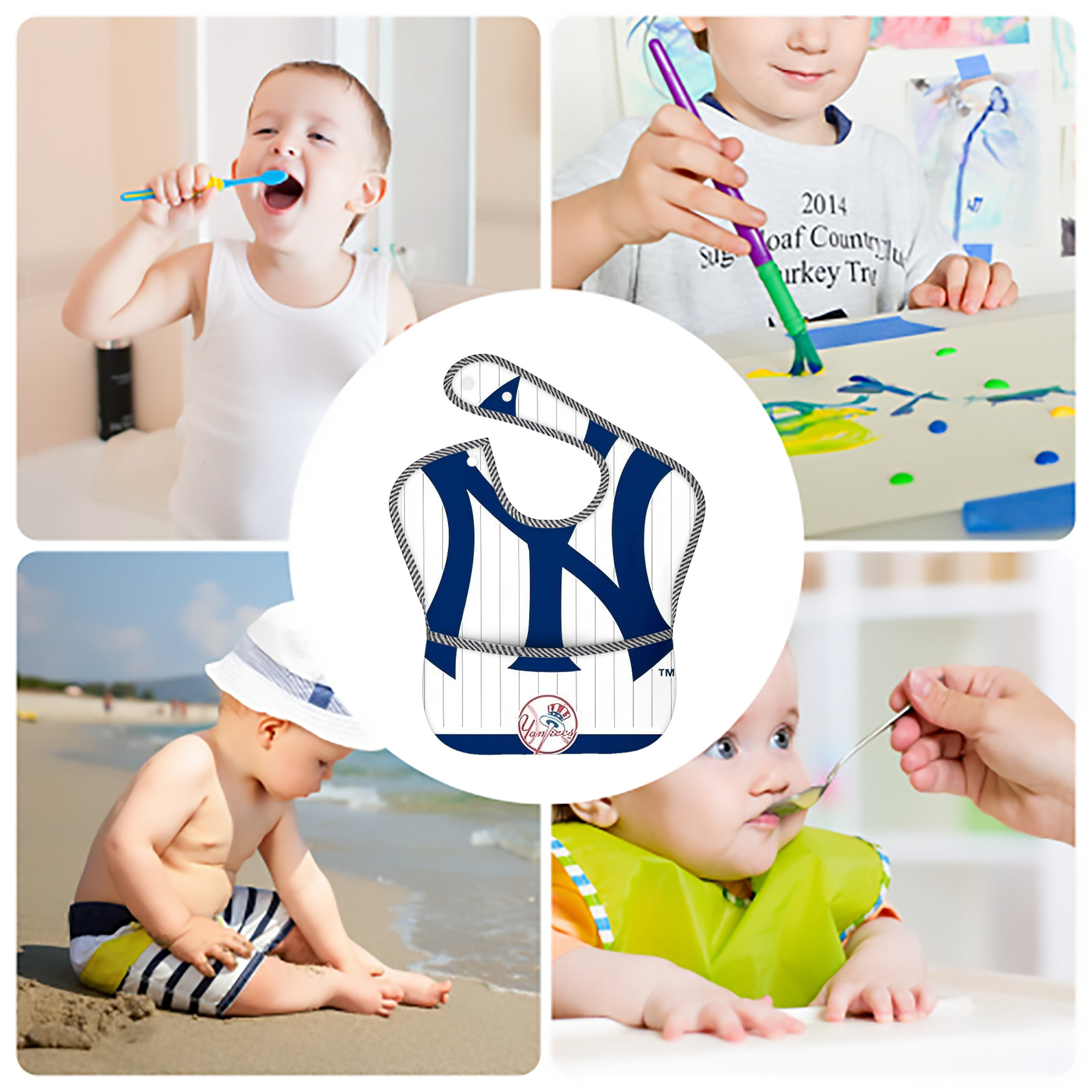 New York Yankees 134 Adjustable Waterproof Toddler Bib – Full-Print Durable Polyester – Foldable Crumb Pocket – Easy Snap Closure – Soft