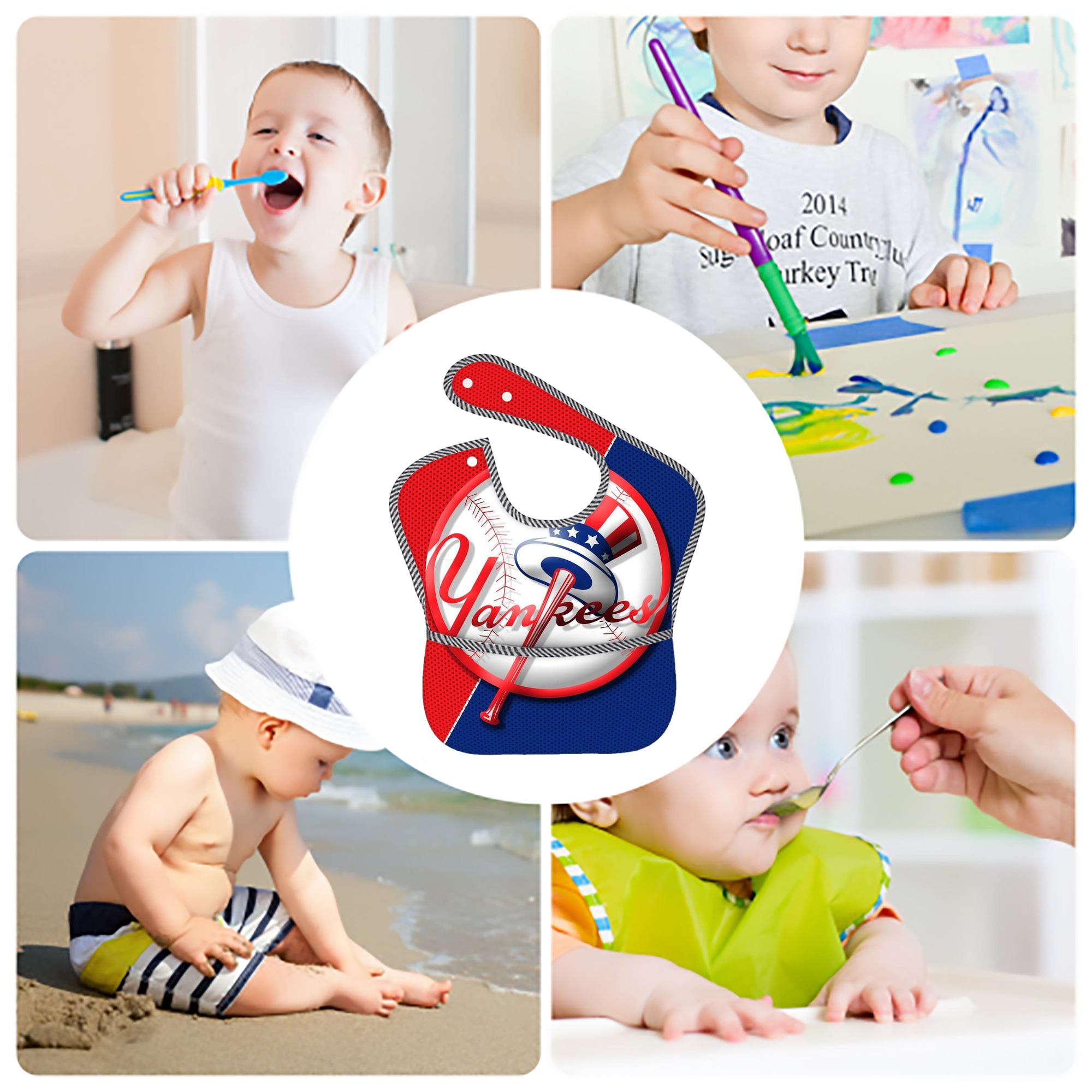 New York Yankees 148 Adjustable Waterproof Toddler Bib – Full-Print Durable Polyester – Foldable Crumb Pocket – Easy Snap Closure – Soft