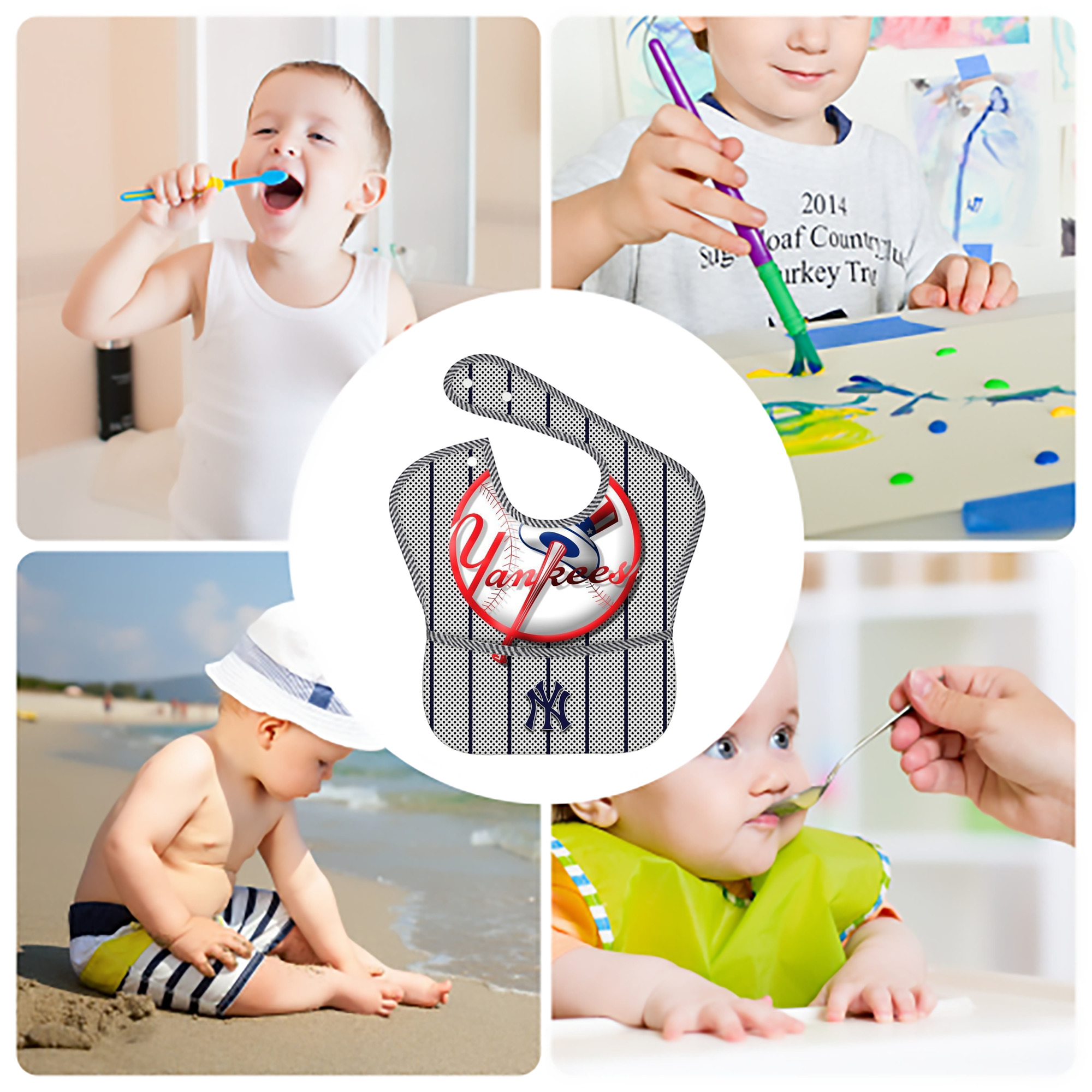 New York Yankees 197 Adjustable Waterproof Toddler Bib – Full-Print Durable Polyester – Foldable Crumb Pocket – Easy Snap Closure – Soft