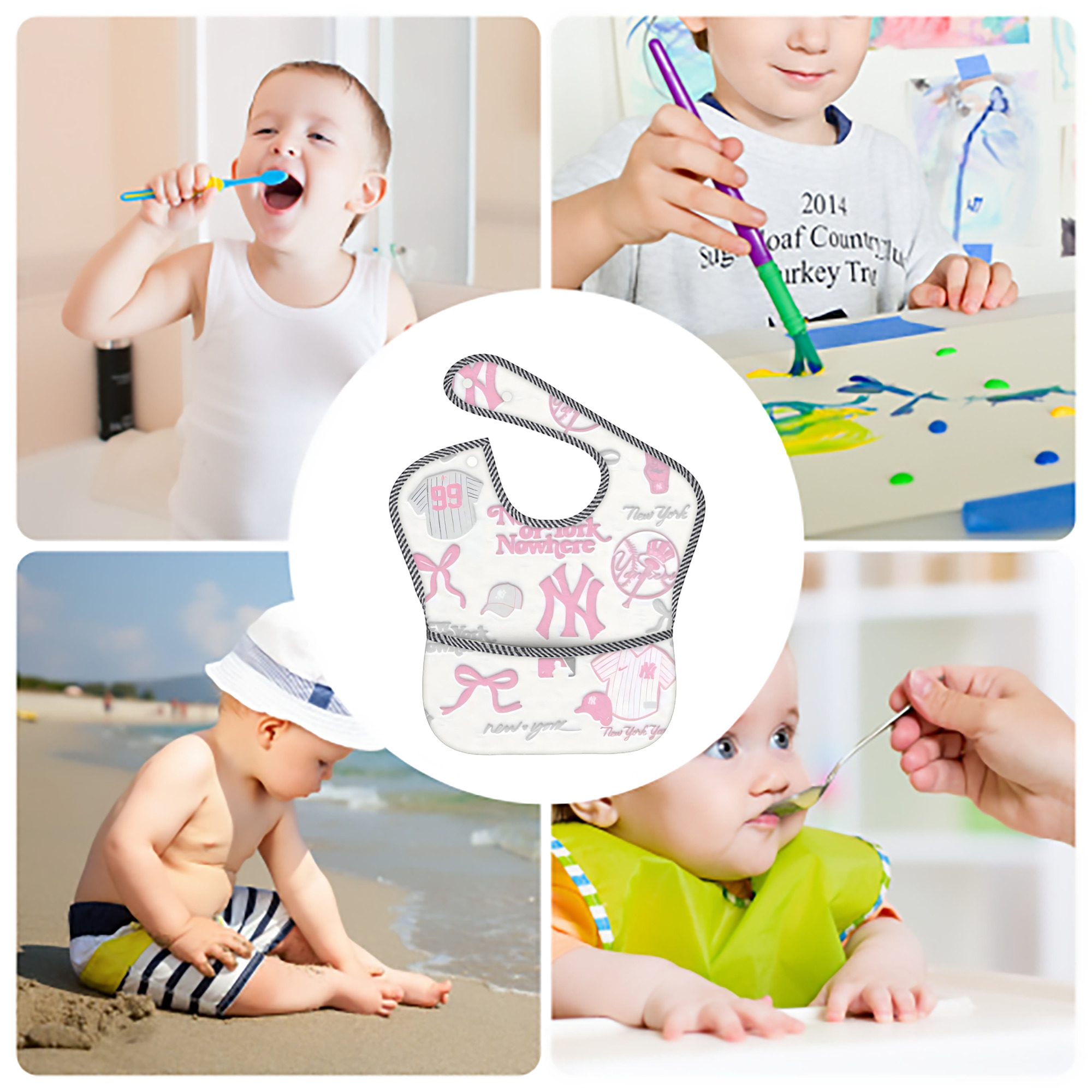 New York Yankees 206 Adjustable Waterproof Toddler Bib – Full-Print Durable Polyester – Foldable Crumb Pocket – Easy Snap Closure – Soft