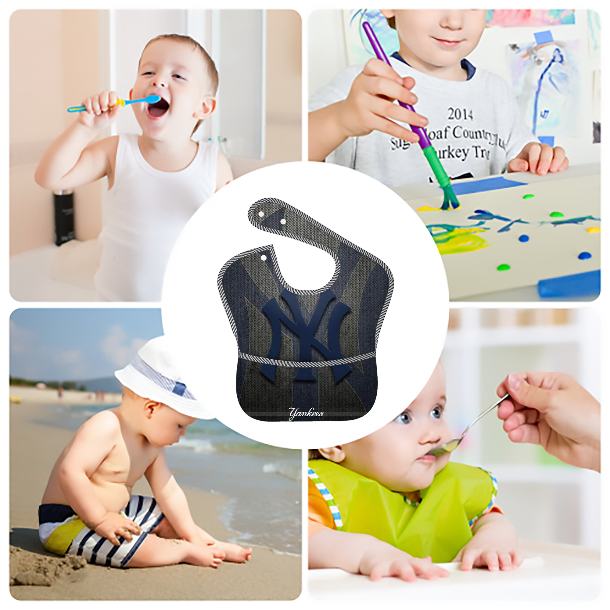New York Yankees 153 Adjustable Waterproof Toddler Bib – Full-Print Durable Polyester – Foldable Crumb Pocket – Easy Snap Closure – Soft