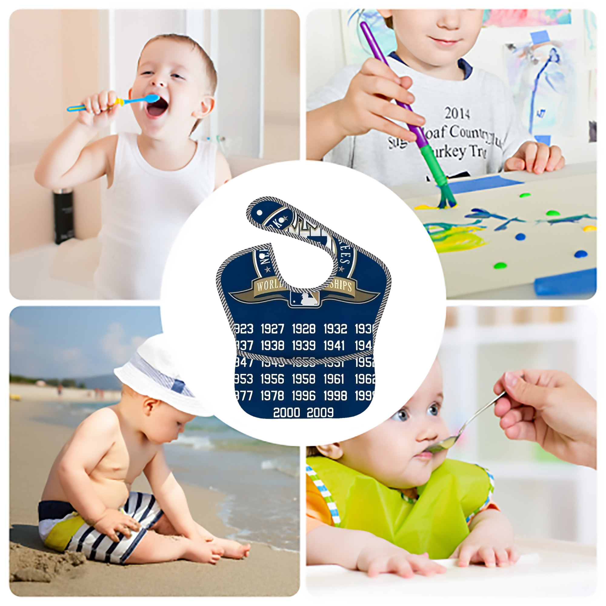 New York Yankees 144 Adjustable Waterproof Toddler Bib – Full-Print Durable Polyester – Foldable Crumb Pocket – Easy Snap Closure – Soft