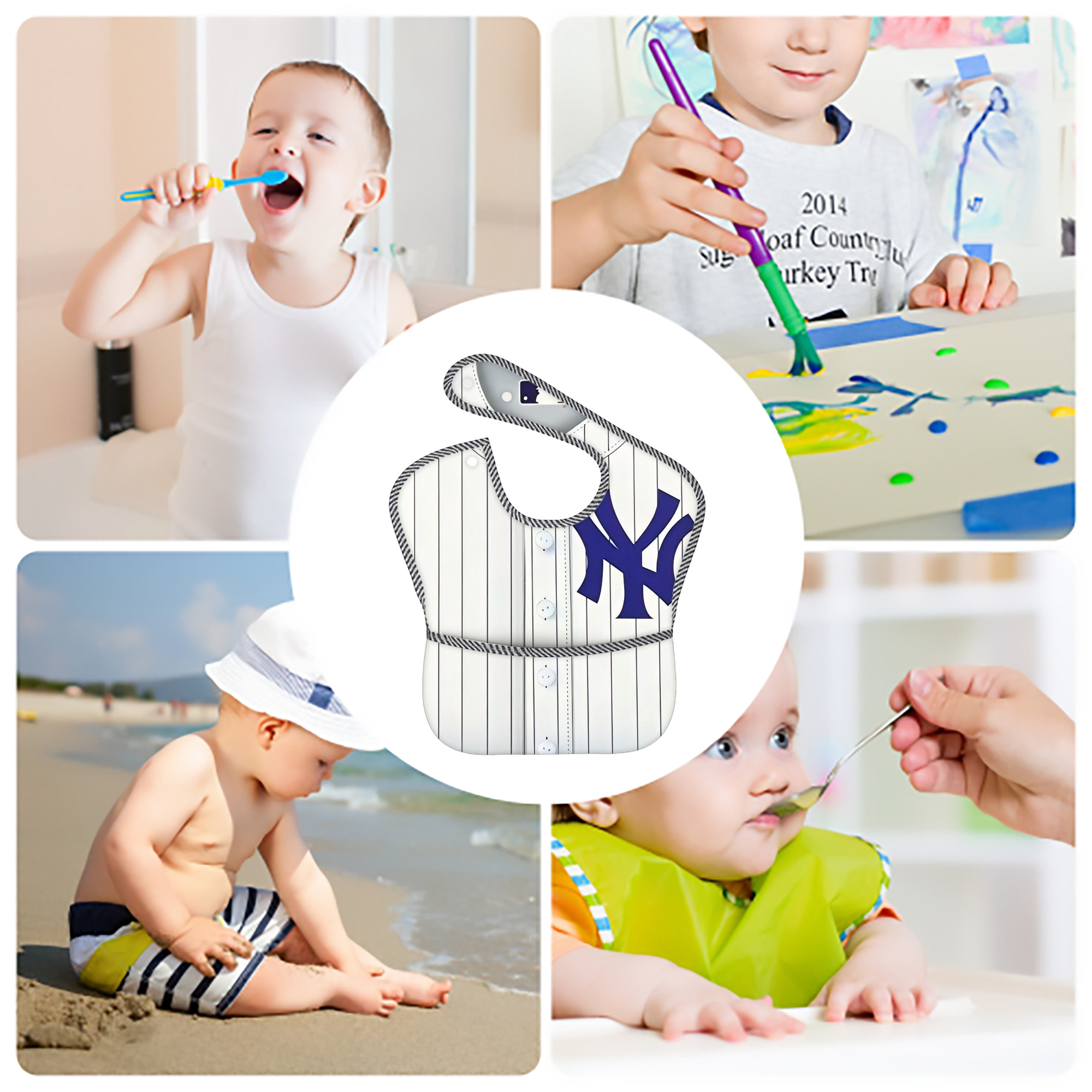 New York Yankees 213 Adjustable Waterproof Toddler Bib – Full-Print Durable Polyester – Foldable Crumb Pocket – Easy Snap Closure – Soft