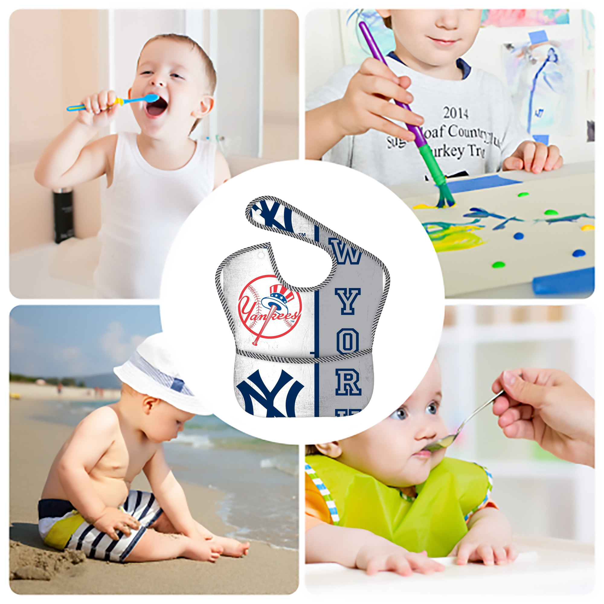 New York Yankees 217 Adjustable Waterproof Toddler Bib – Full-Print Durable Polyester – Foldable Crumb Pocket – Easy Snap Closure – Soft