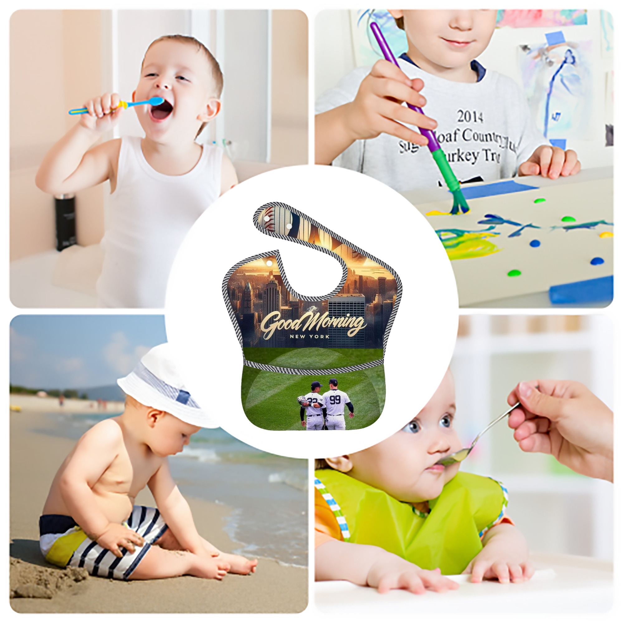 New York Yankees 218 Adjustable Waterproof Toddler Bib – Full-Print Durable Polyester – Foldable Crumb Pocket – Easy Snap Closure – Soft