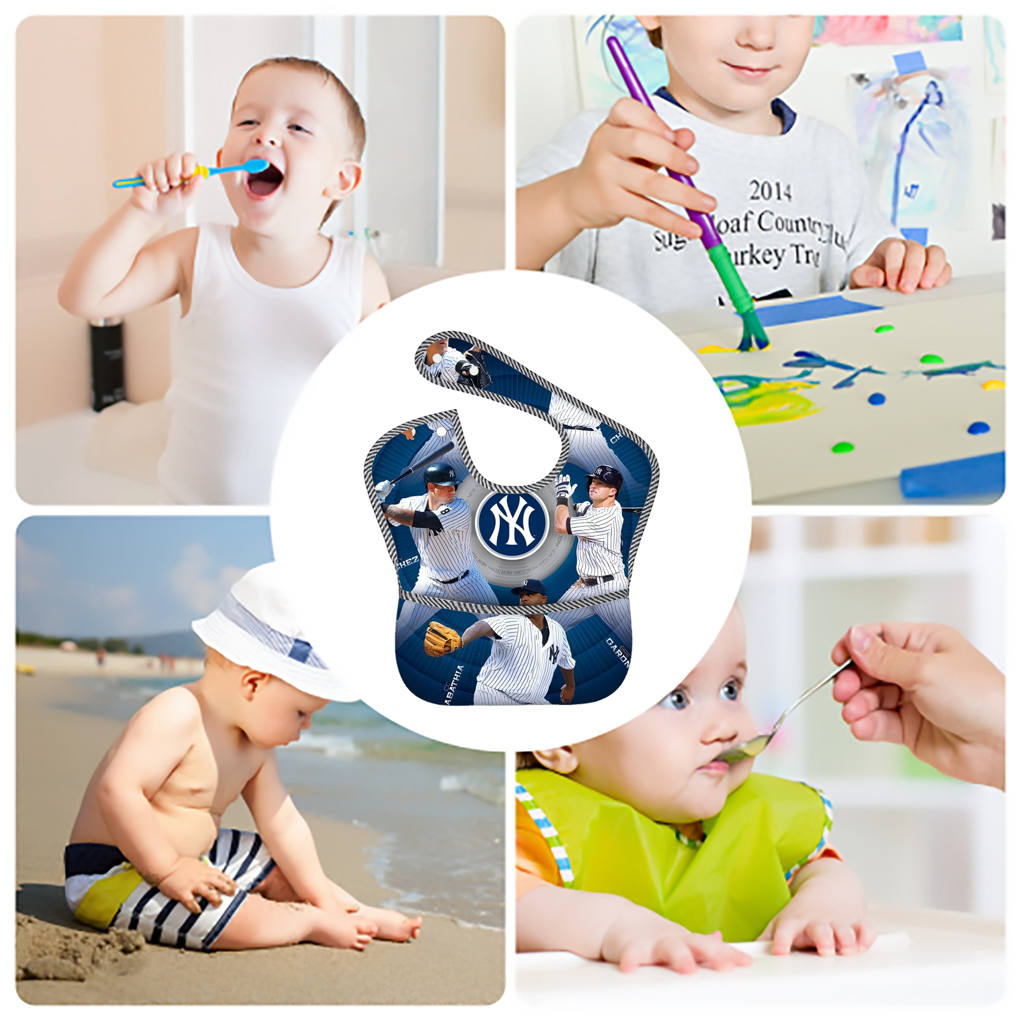 New York Yankees 222 Adjustable Waterproof Toddler Bib – Full-Print Durable Polyester – Foldable Crumb Pocket – Easy Snap Closure – Soft