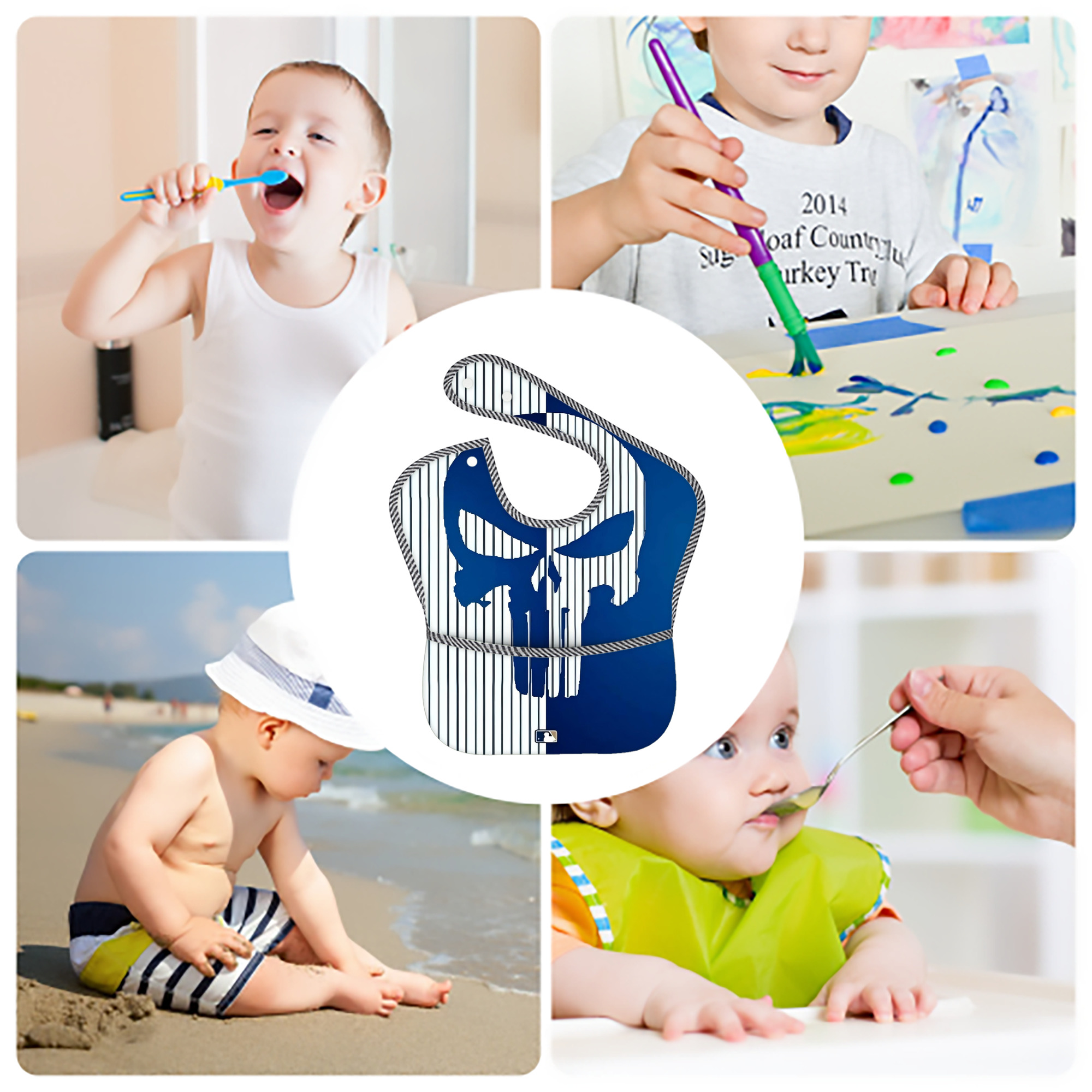 New York Yankees 154 Adjustable Waterproof Toddler Bib – Full-Print Durable Polyester – Foldable Crumb Pocket – Easy Snap Closure – Soft