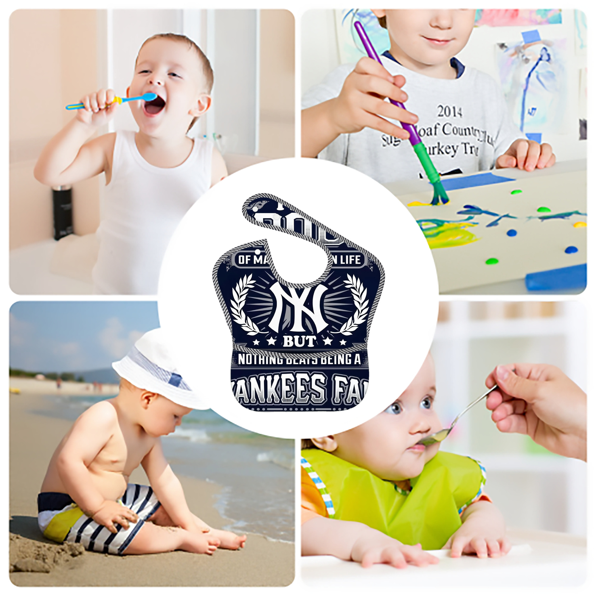 New York Yankees 301 Adjustable Waterproof Toddler Bib – Full-Print Durable Polyester – Foldable Crumb Pocket – Easy Snap Closure – Soft