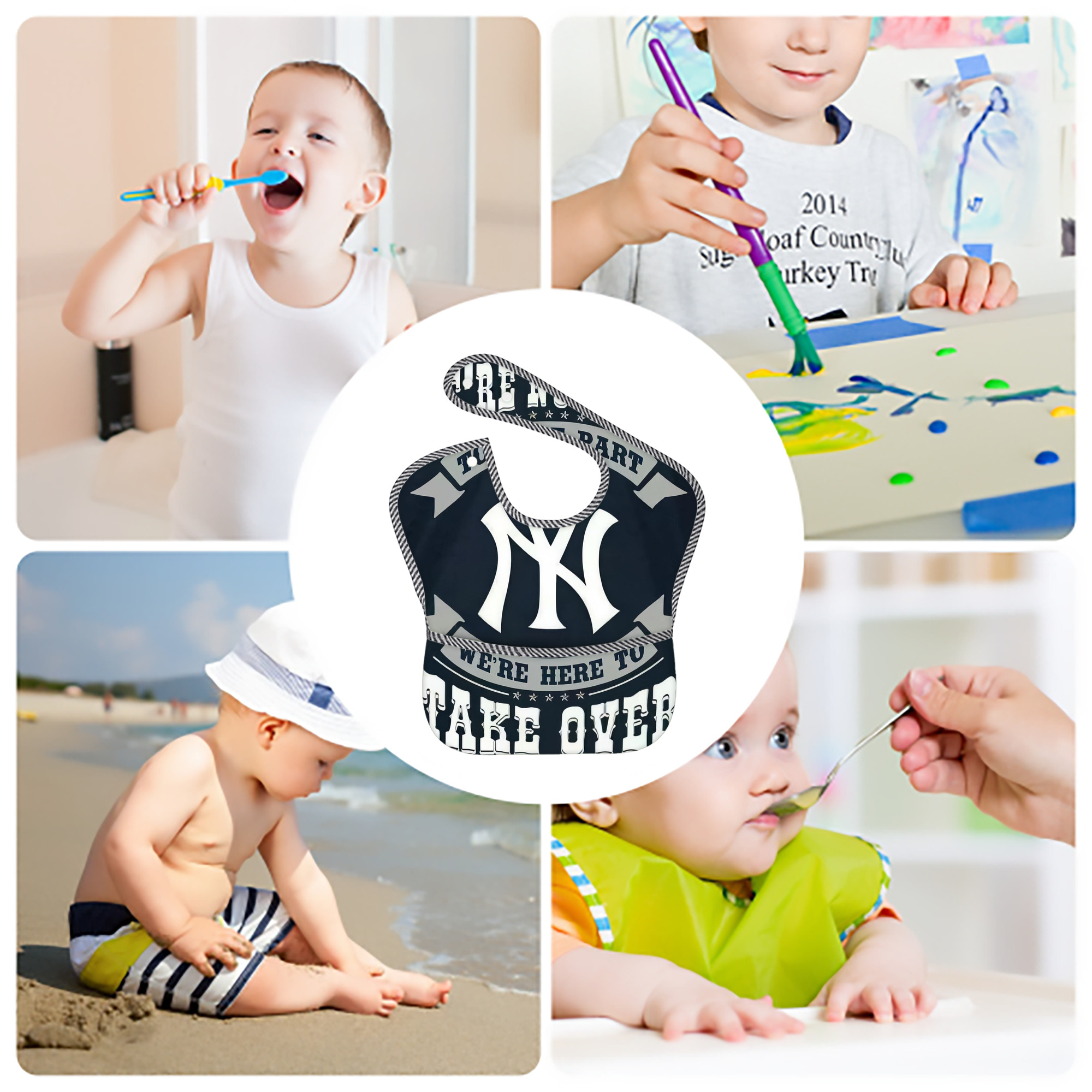 New York Yankees 302 Adjustable Waterproof Toddler Bib – Full-Print Durable Polyester – Foldable Crumb Pocket – Easy Snap Closure – Soft