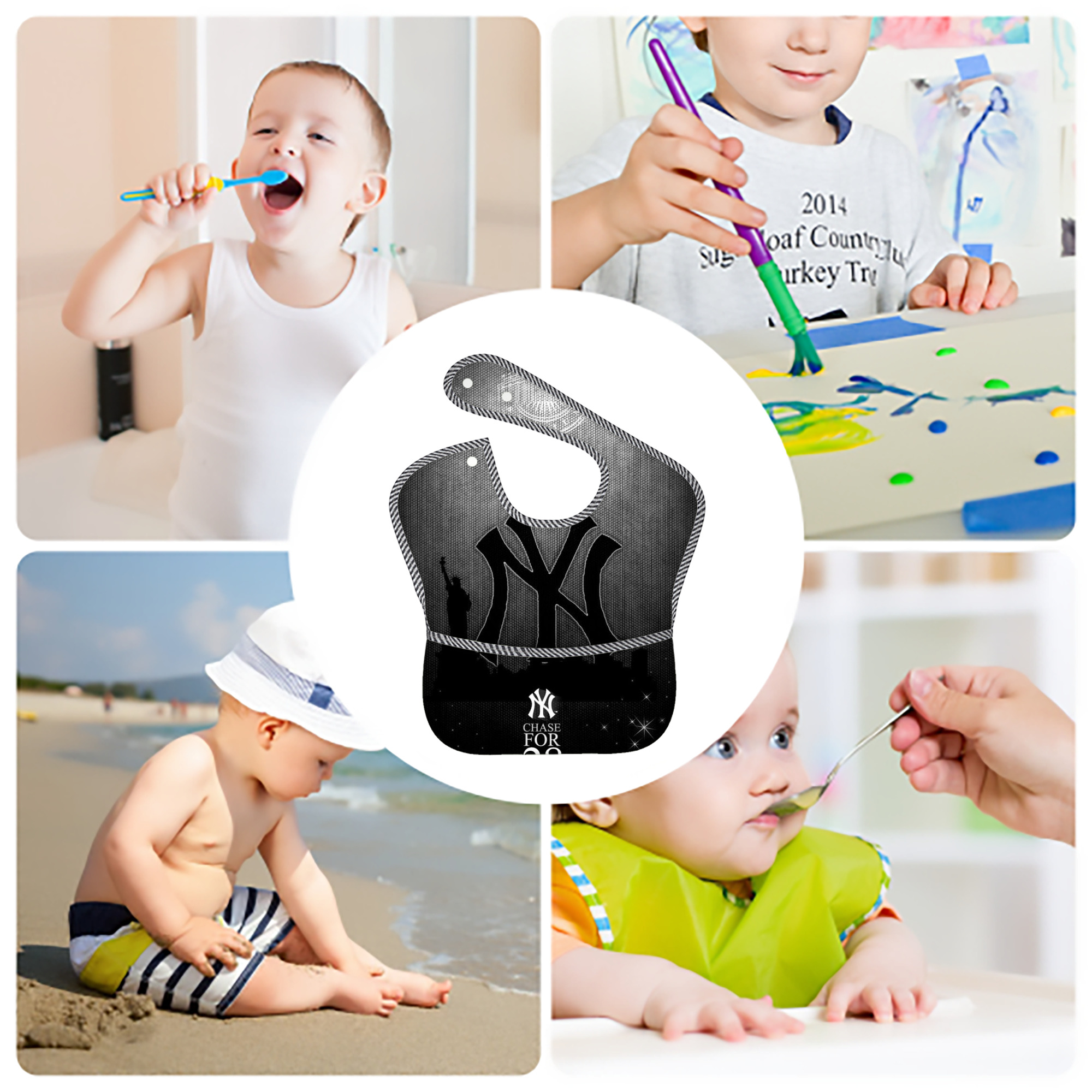 New York Yankees 313 Adjustable Waterproof Toddler Bib – Full-Print Durable Polyester – Foldable Crumb Pocket – Easy Snap Closure – Soft