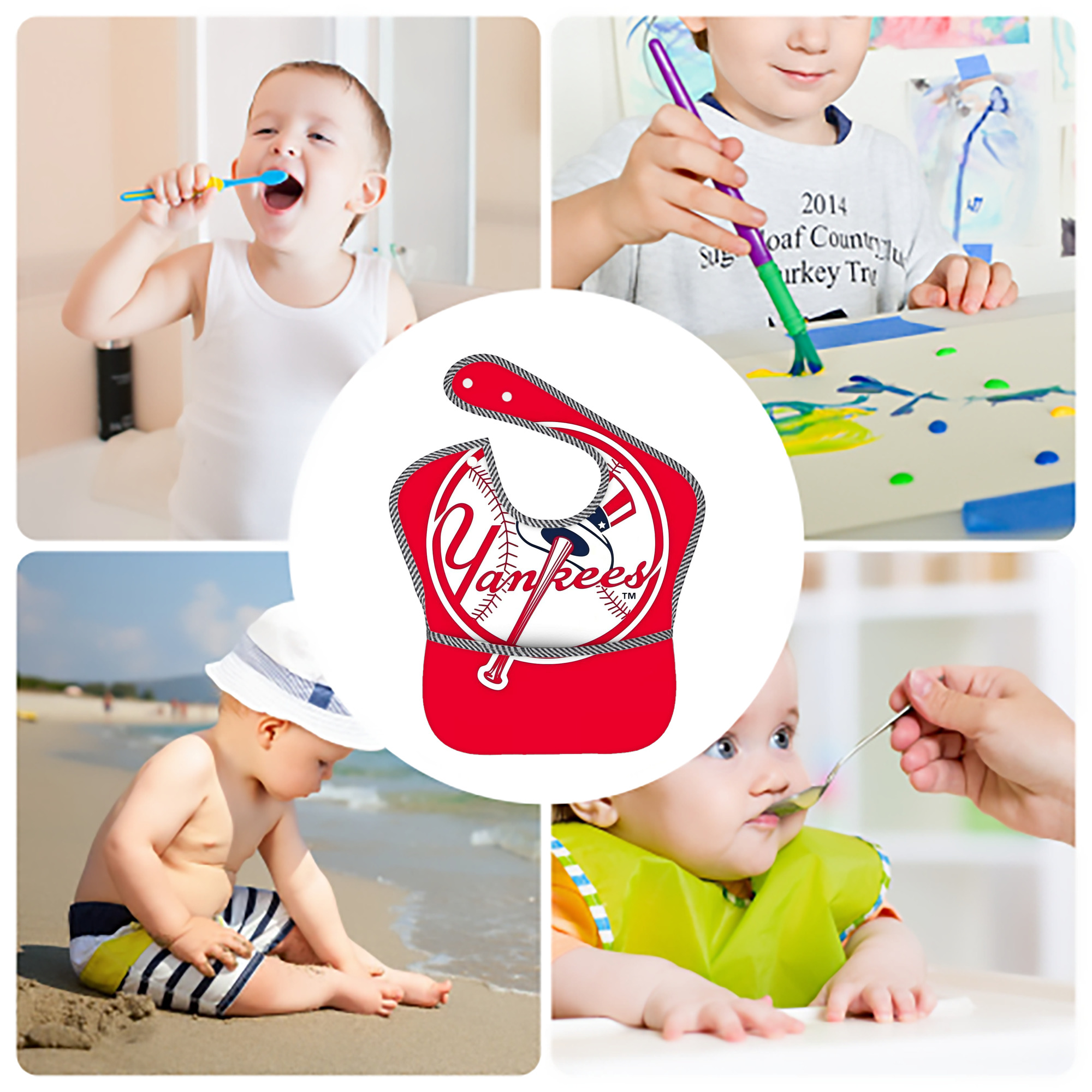 New York Yankees 165 Adjustable Waterproof Toddler Bib – Full-Print Durable Polyester – Foldable Crumb Pocket – Easy Snap Closure – Soft