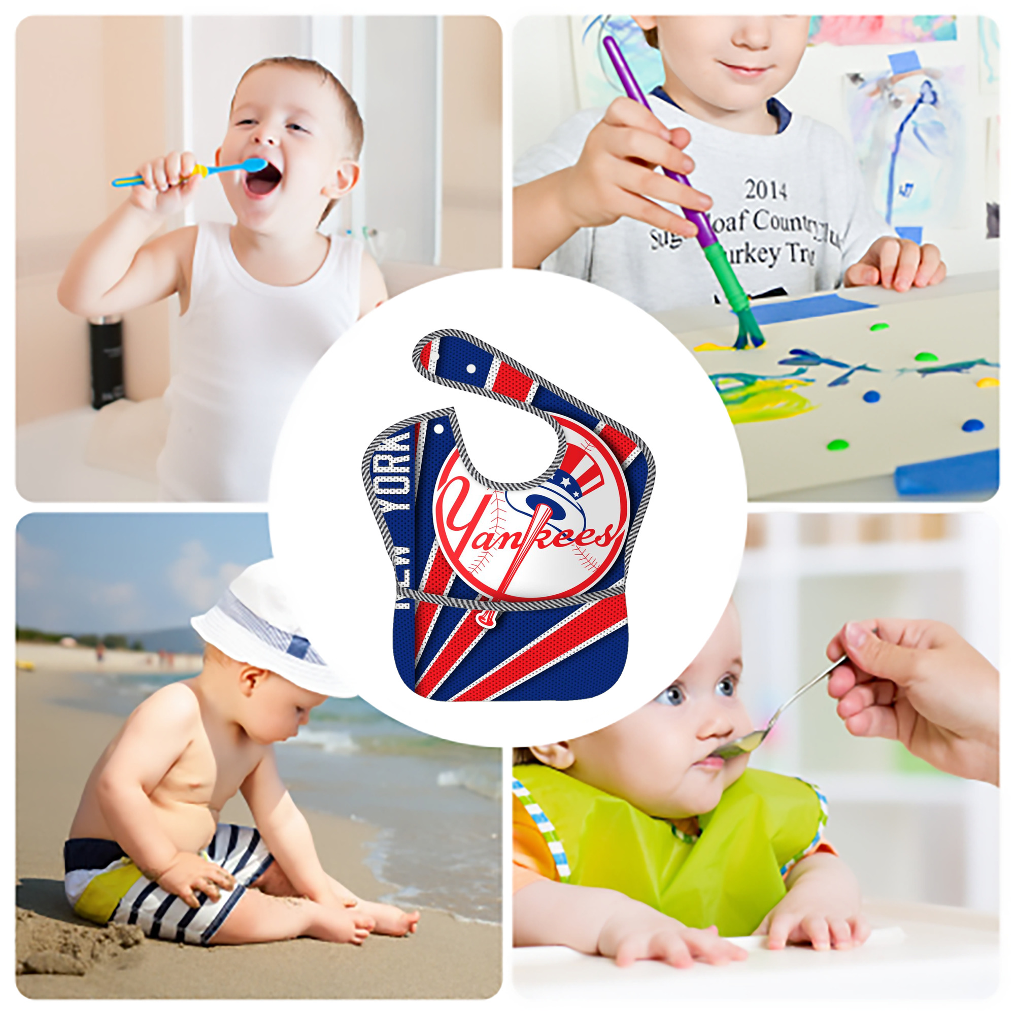 New York Yankees 182 Adjustable Waterproof Toddler Bib – Full-Print Durable Polyester – Foldable Crumb Pocket – Easy Snap Closure – Soft