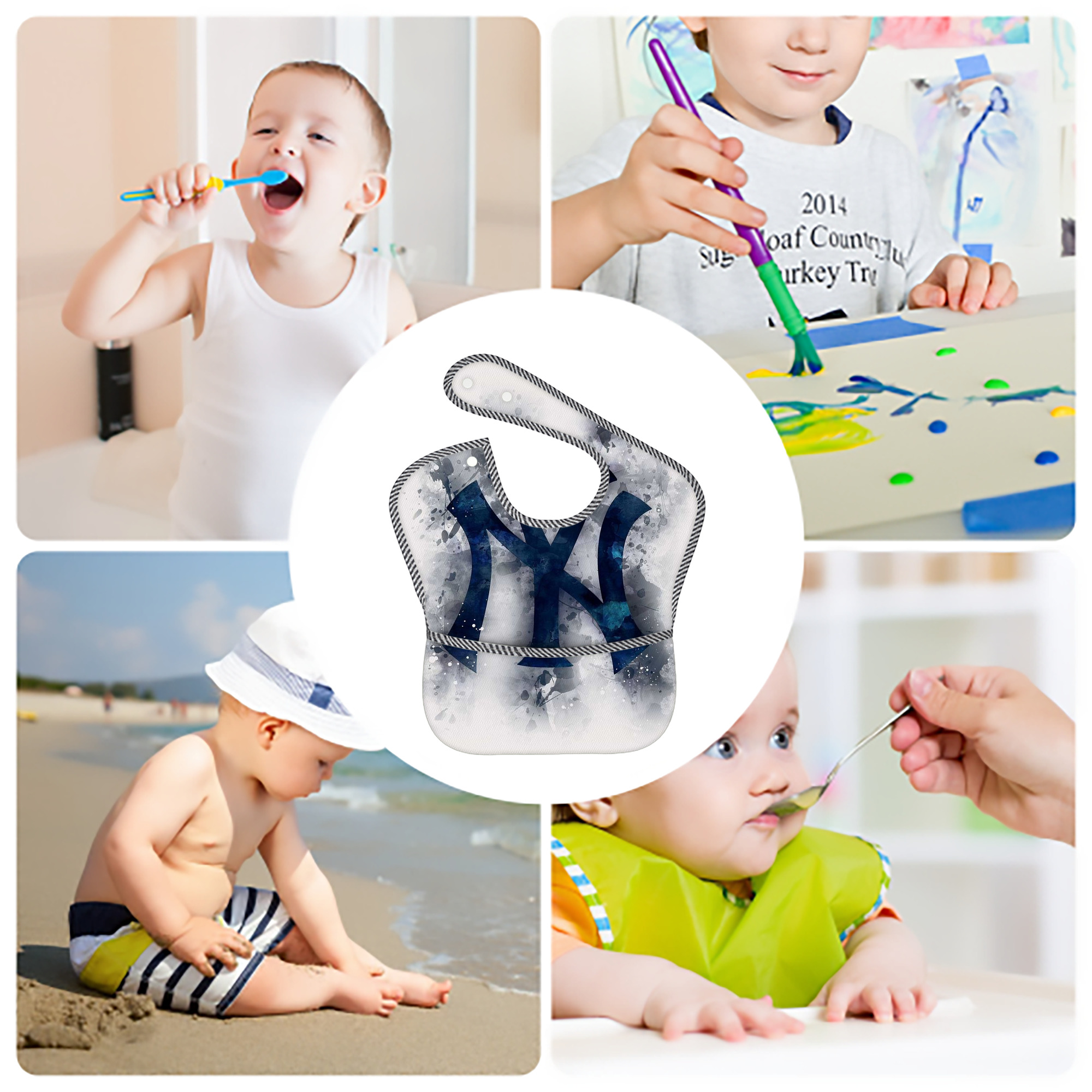 New York Yankees 170 Adjustable Waterproof Toddler Bib – Full-Print Durable Polyester – Foldable Crumb Pocket – Easy Snap Closure – Soft