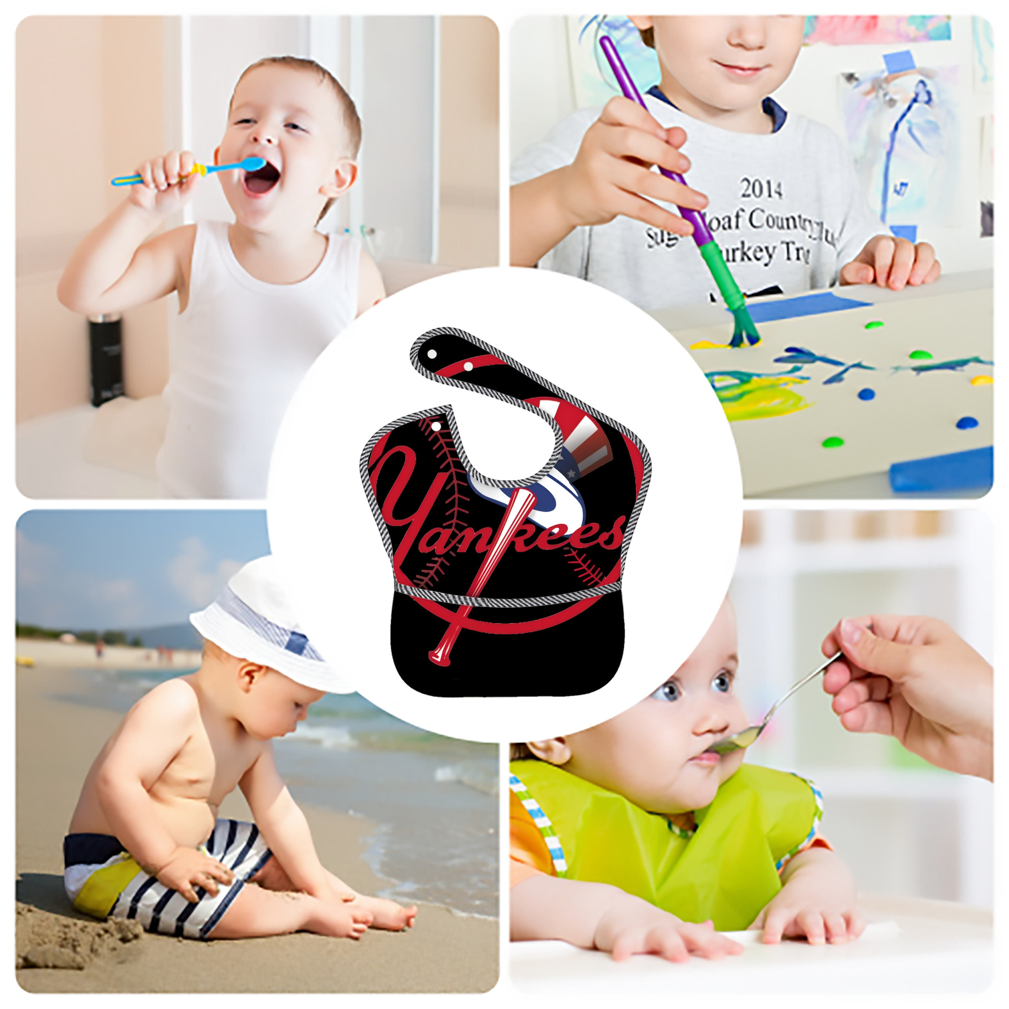 New York Yankees 188 Adjustable Waterproof Toddler Bib – Full-Print Durable Polyester – Foldable Crumb Pocket – Easy Snap Closure – Soft