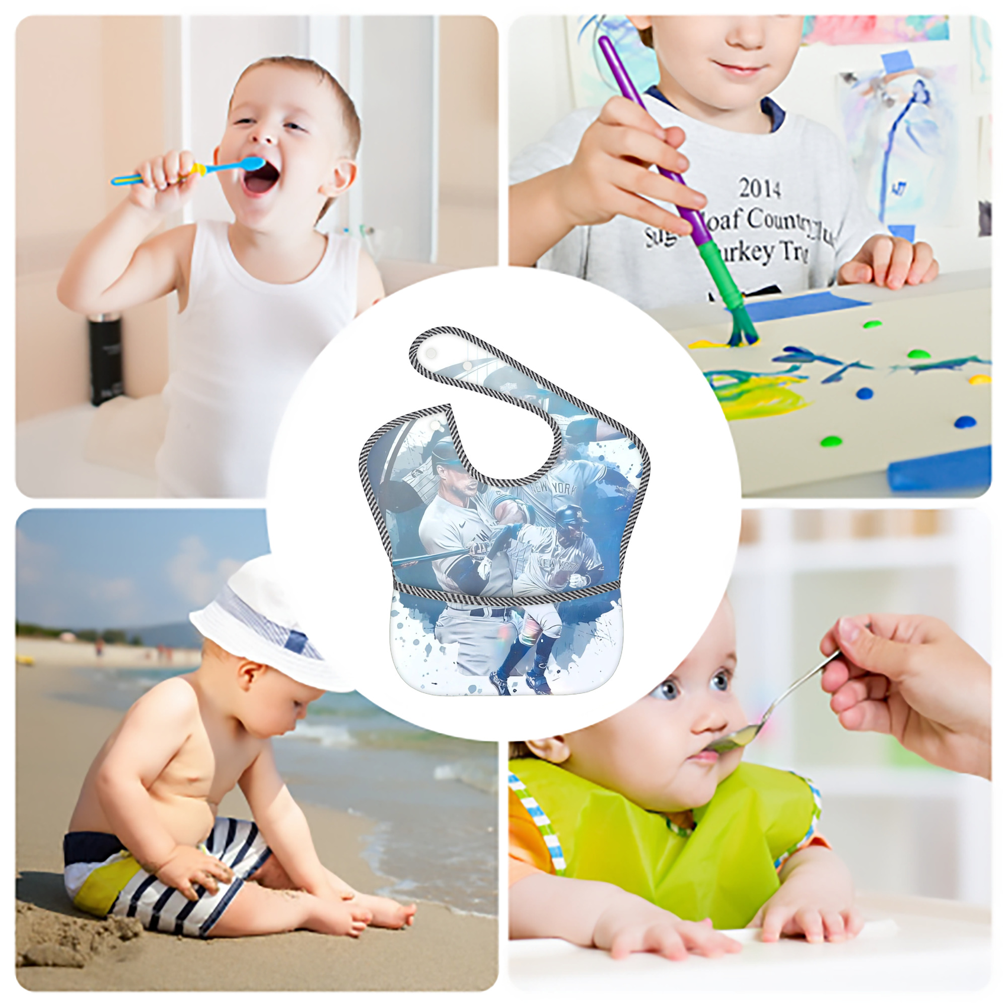 New York Yankees 329 Adjustable Waterproof Toddler Bib – Full-Print Durable Polyester – Foldable Crumb Pocket – Easy Snap Closure – Soft