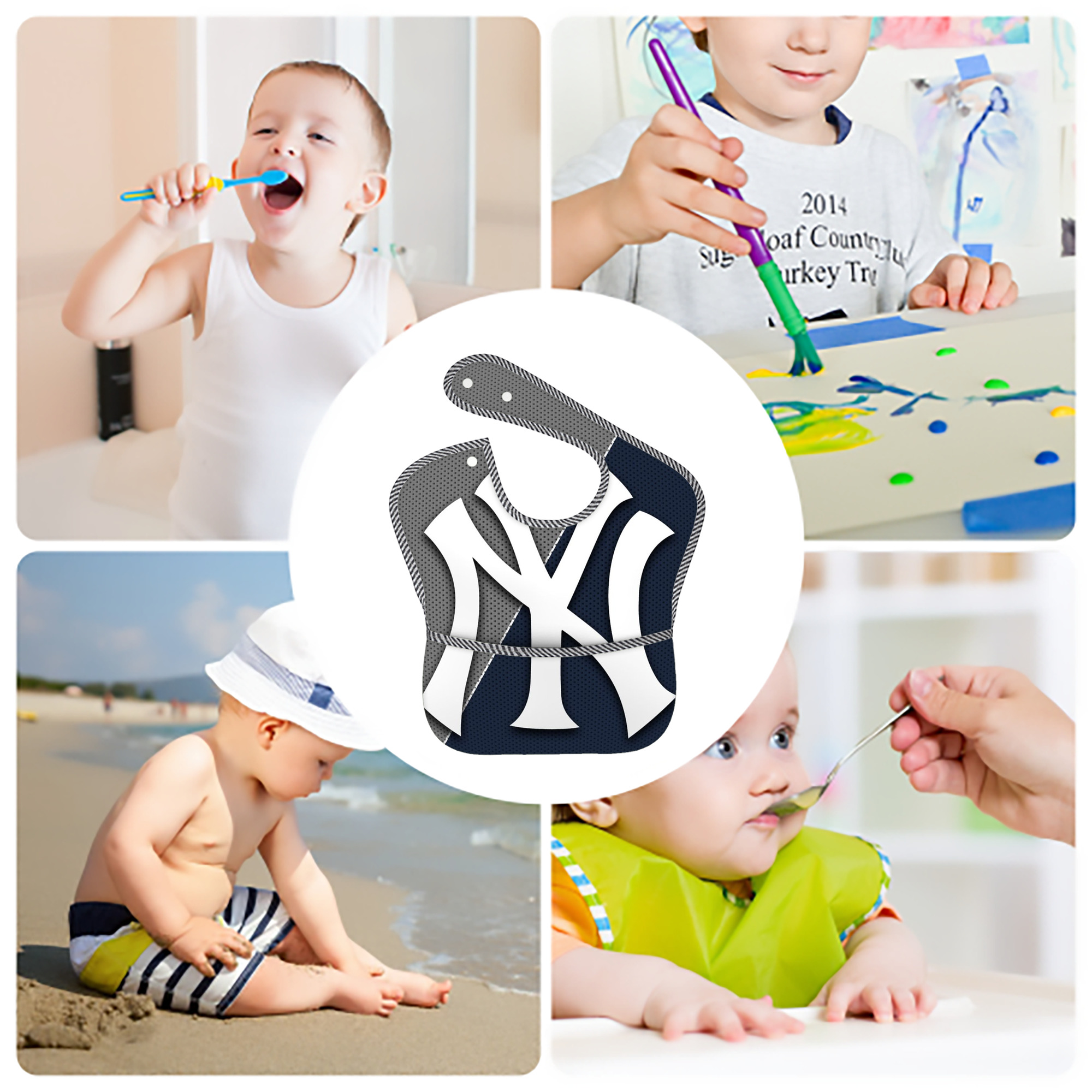 New York Yankees 177 Adjustable Waterproof Toddler Bib – Full-Print Durable Polyester – Foldable Crumb Pocket – Easy Snap Closure – Soft