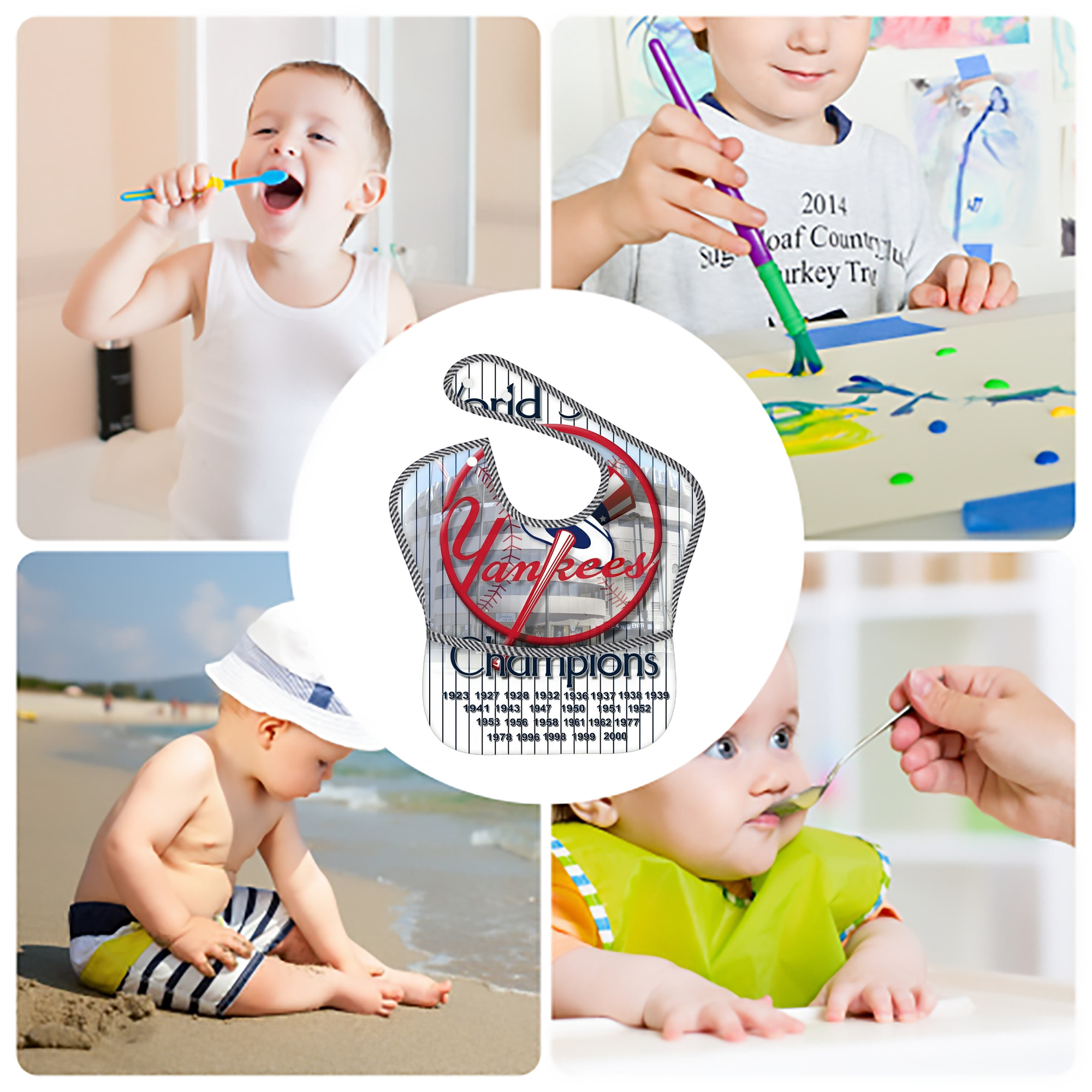 New York Yankees 184 Adjustable Waterproof Toddler Bib – Full-Print Durable Polyester – Foldable Crumb Pocket – Easy Snap Closure – Soft