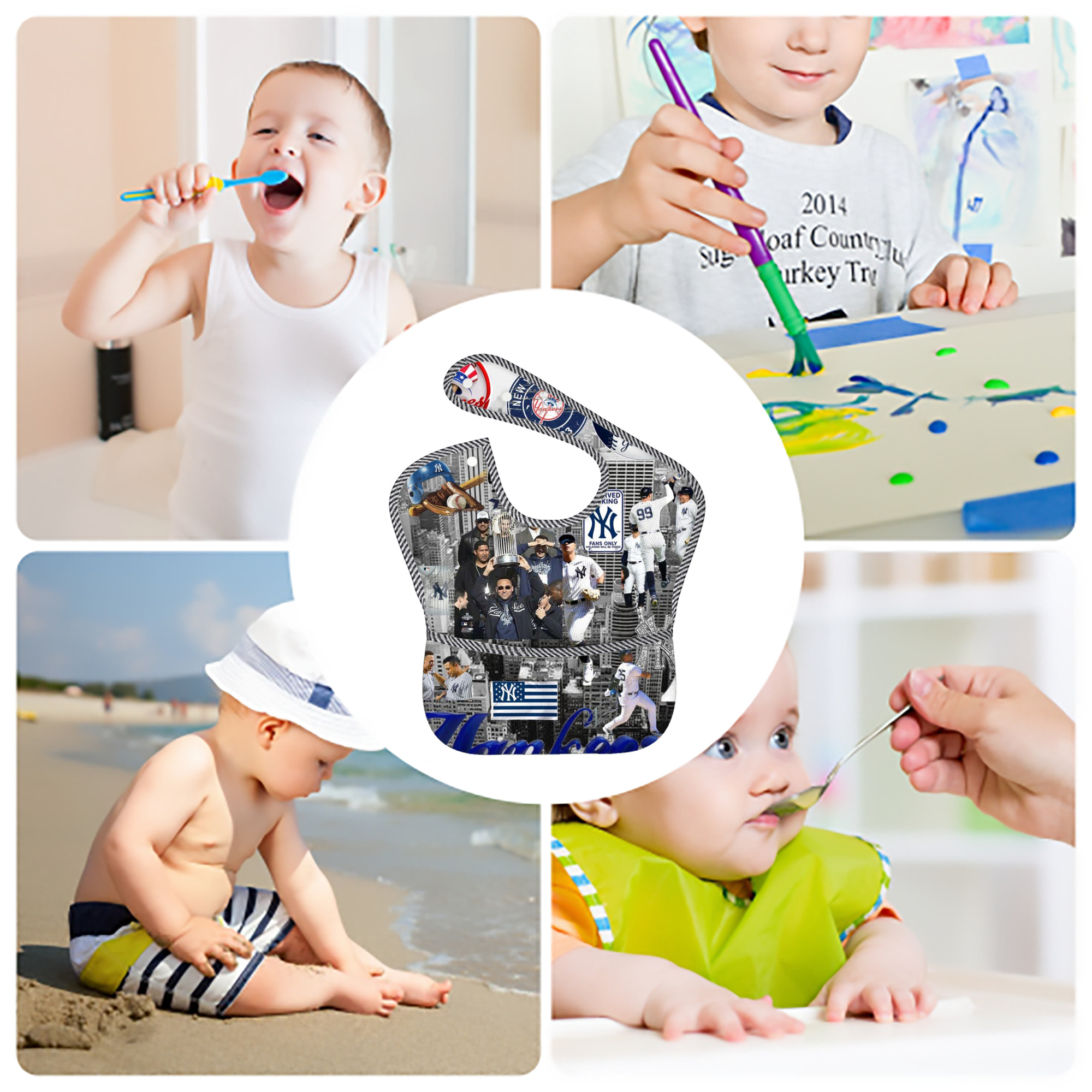 New York Yankees 199 Adjustable Waterproof Toddler Bib – Full-Print Durable Polyester – Foldable Crumb Pocket – Easy Snap Closure – Soft