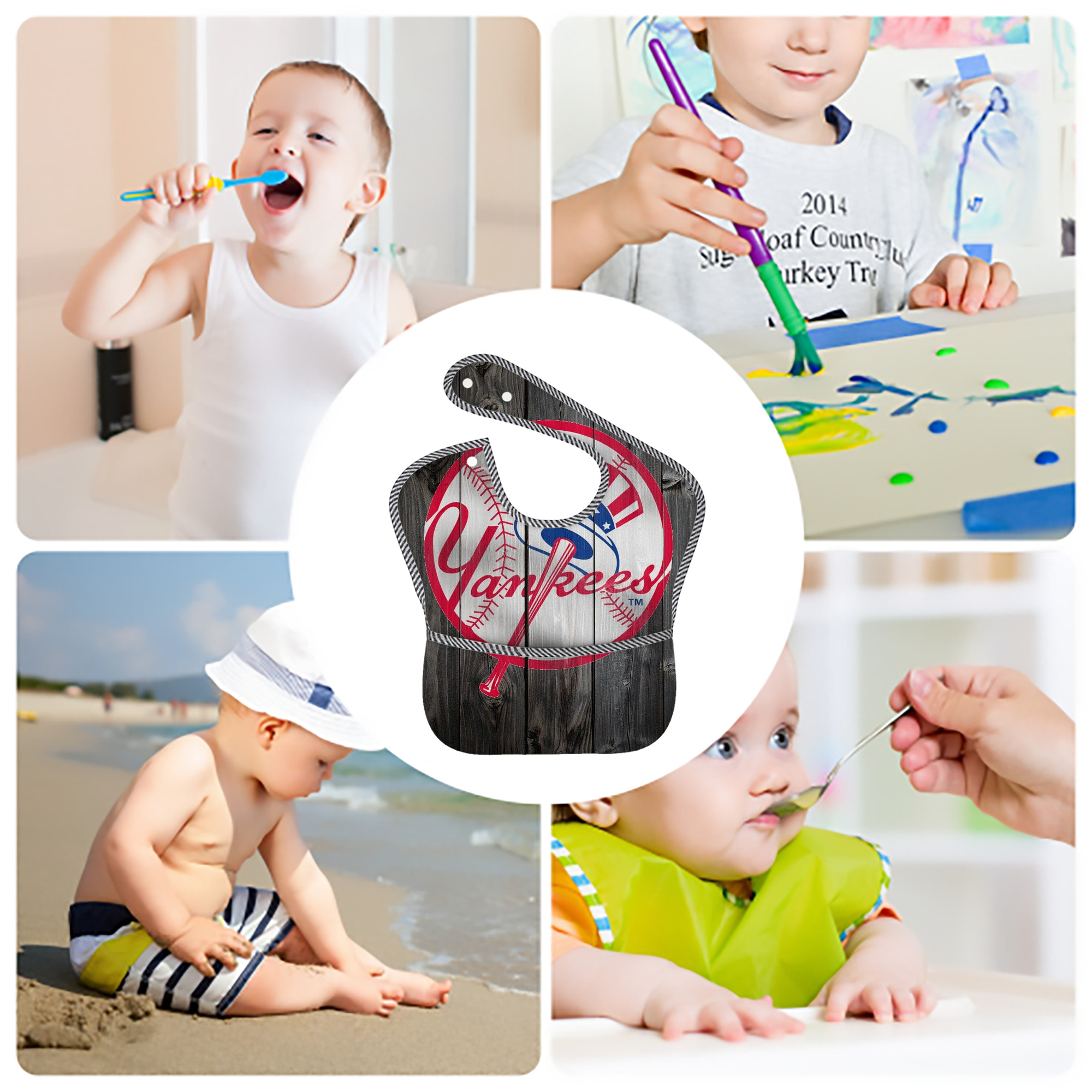 New York Yankees 189 Adjustable Waterproof Toddler Bib – Full-Print Durable Polyester – Foldable Crumb Pocket – Easy Snap Closure – Soft