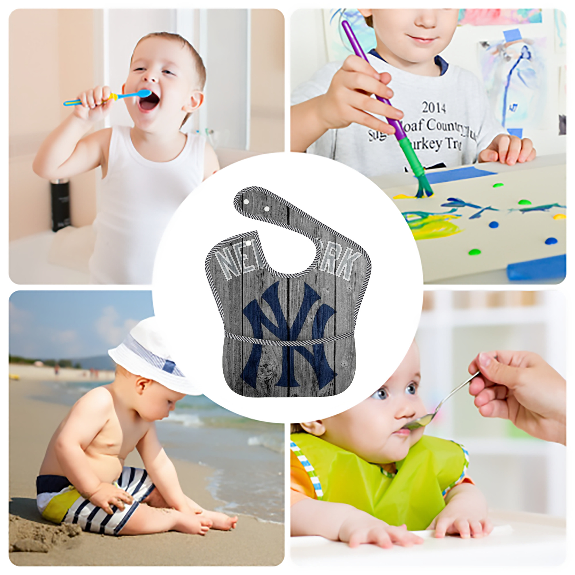 New York Yankees 204 Adjustable Waterproof Toddler Bib – Full-Print Durable Polyester – Foldable Crumb Pocket – Easy Snap Closure – Soft
