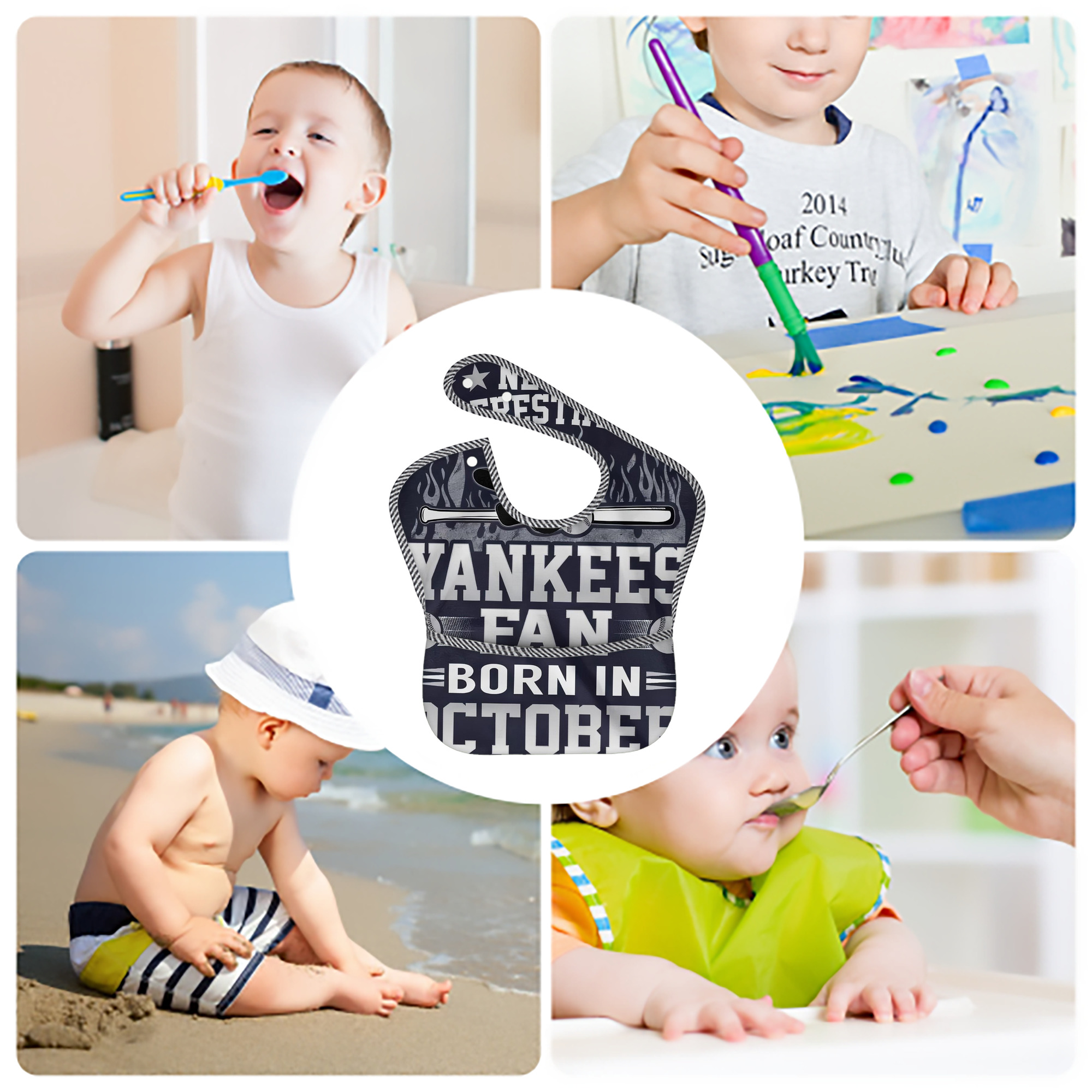 New York Yankees 349 Adjustable Waterproof Toddler Bib – Full-Print Durable Polyester – Foldable Crumb Pocket – Easy Snap Closure – Soft