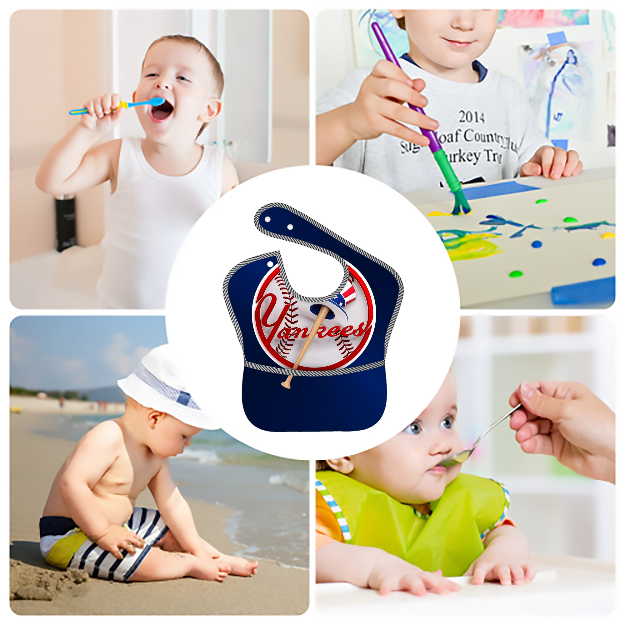 New York Yankees 200 Adjustable Waterproof Toddler Bib – Full-Print Durable Polyester – Foldable Crumb Pocket – Easy Snap Closure – Soft