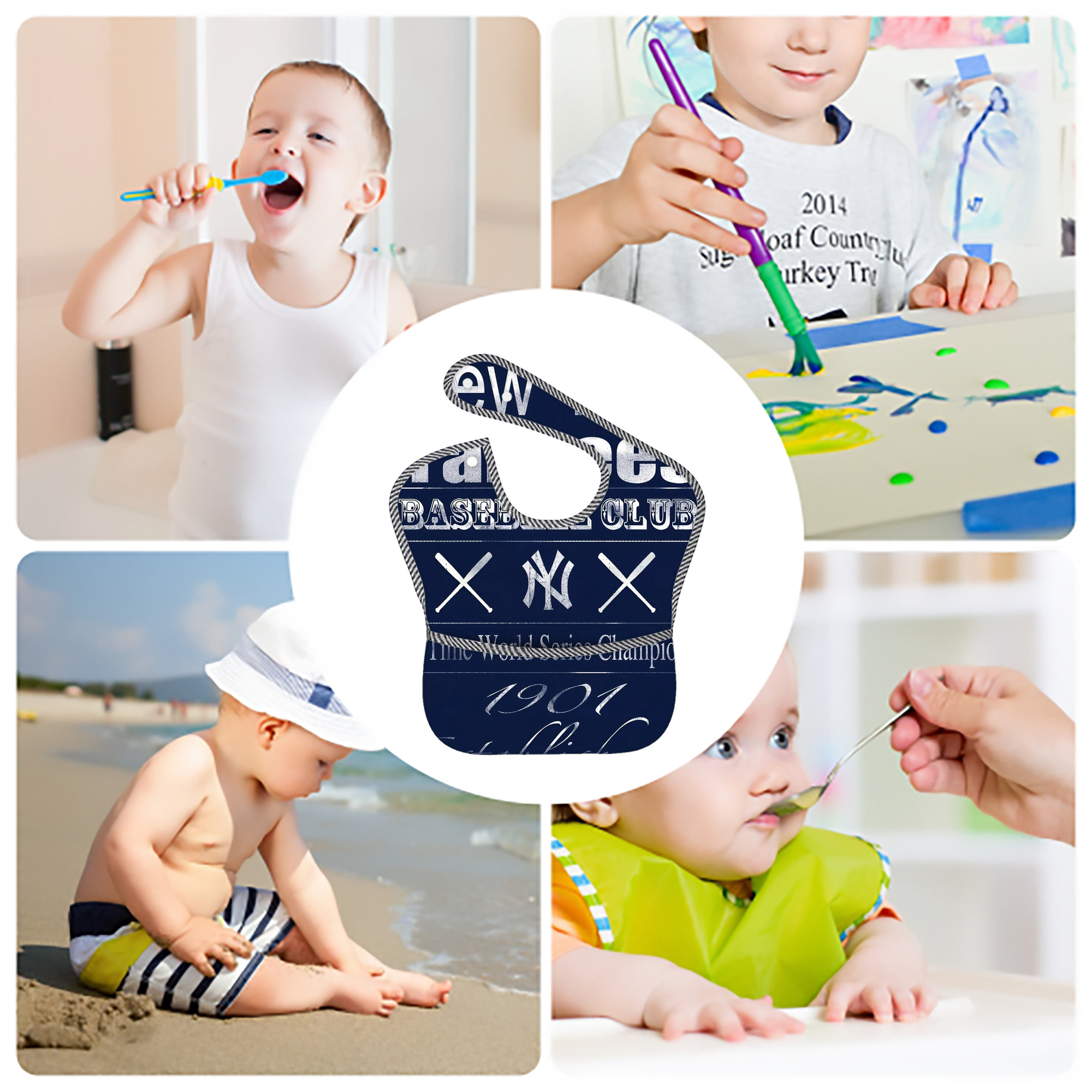 New York Yankees 205 Adjustable Waterproof Toddler Bib – Full-Print Durable Polyester – Foldable Crumb Pocket – Easy Snap Closure – Soft